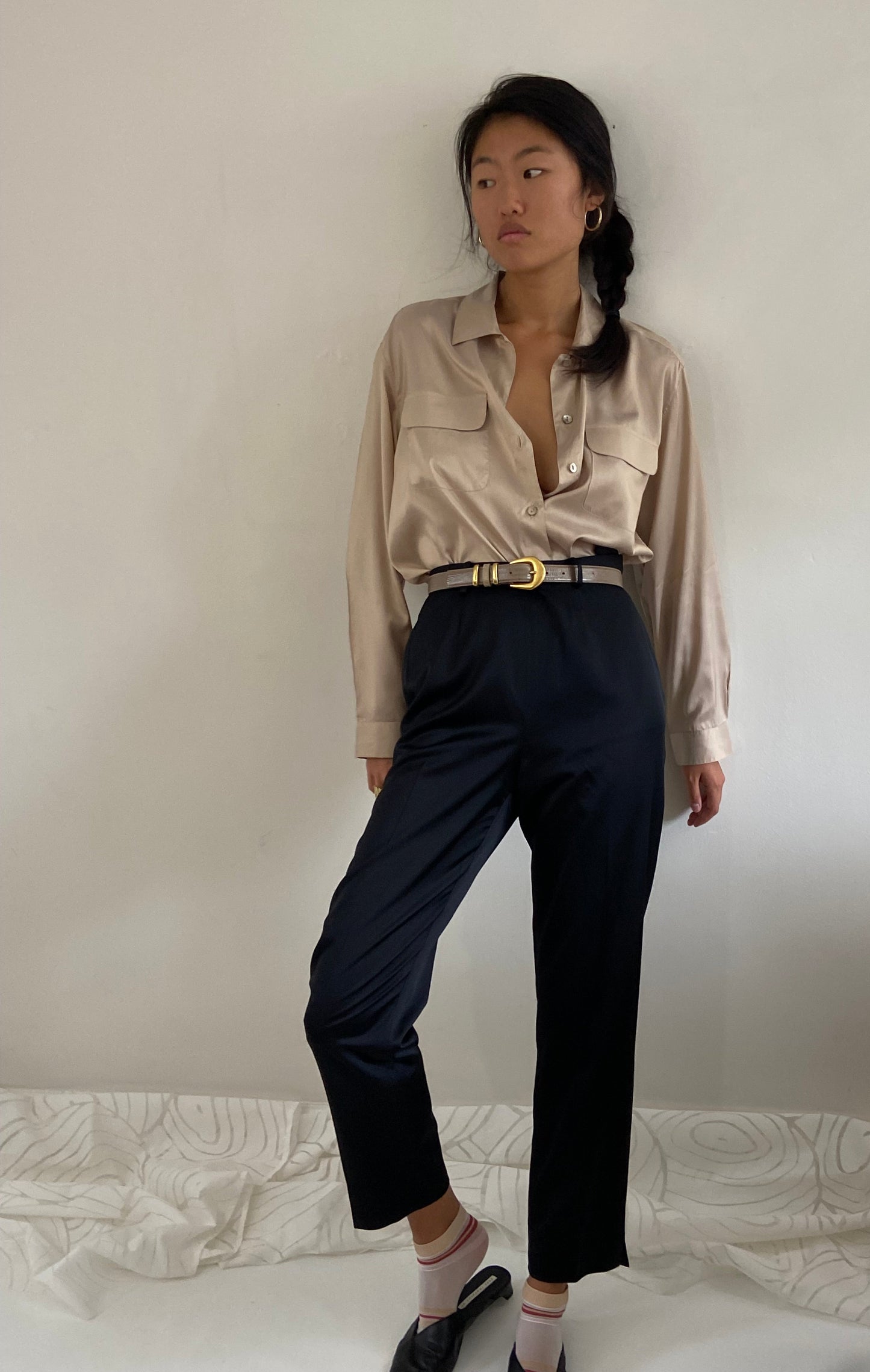 Vintage Black Silk Pants - Duchess Silk High Waisted Flat Front Cigarette Trousers Pants 28 Waist