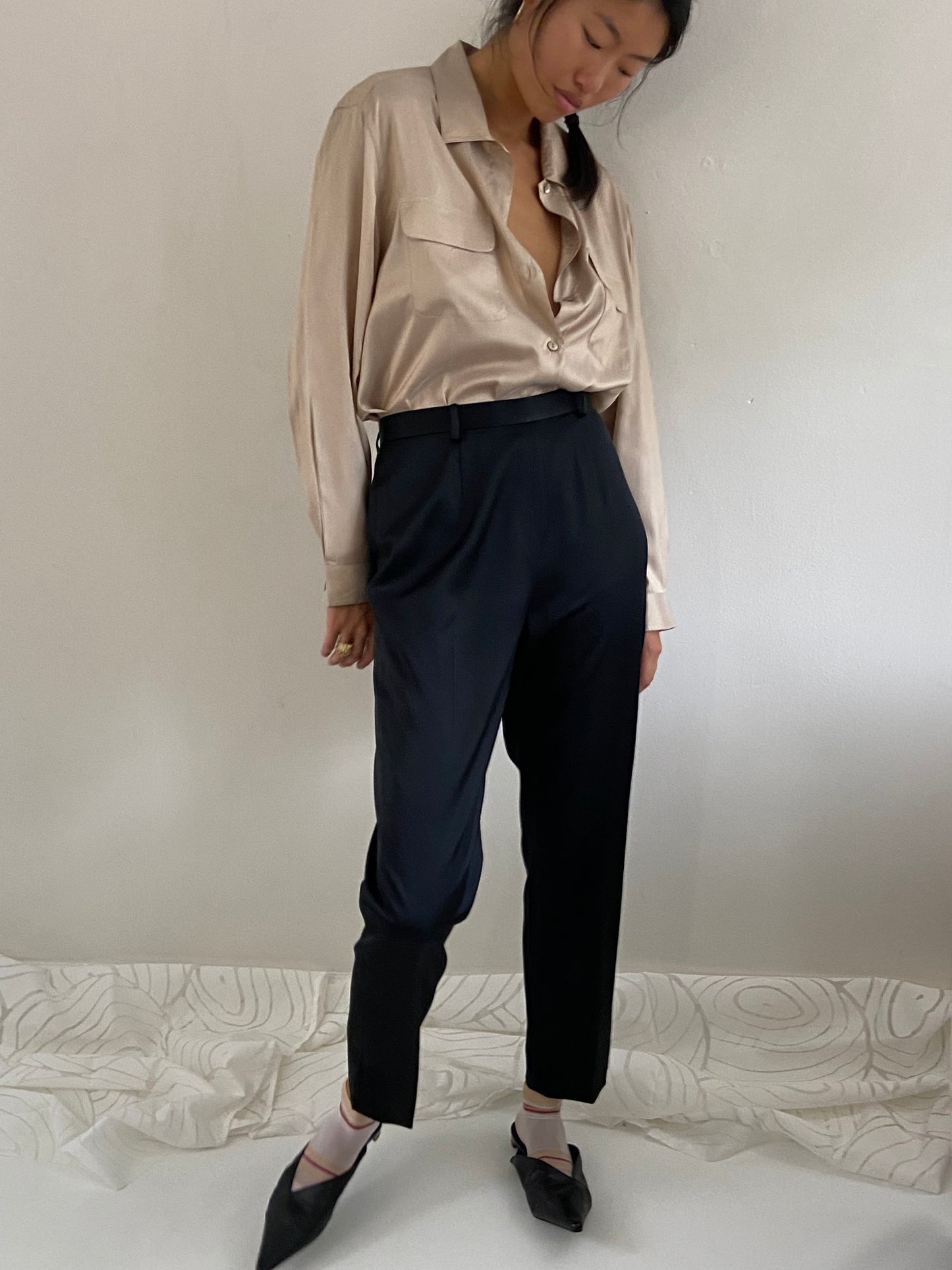 Vintage Black Silk Pants - Duchess Silk High Waisted Flat Front Cigarette Trousers Pants 28 Waist