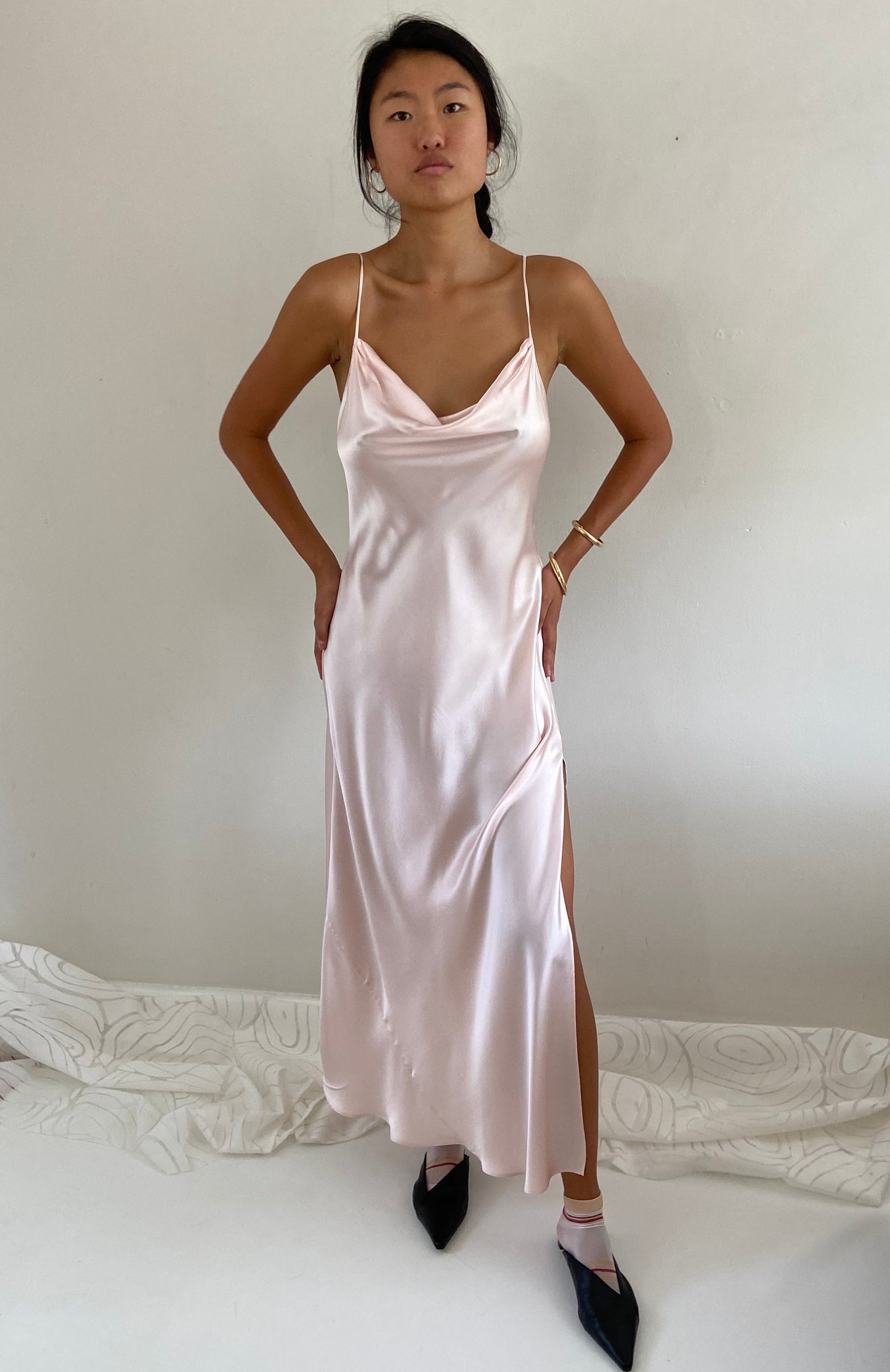 vintage 90s 100% silk charmeuse blush pink maxi slip wedding guest dress M/L