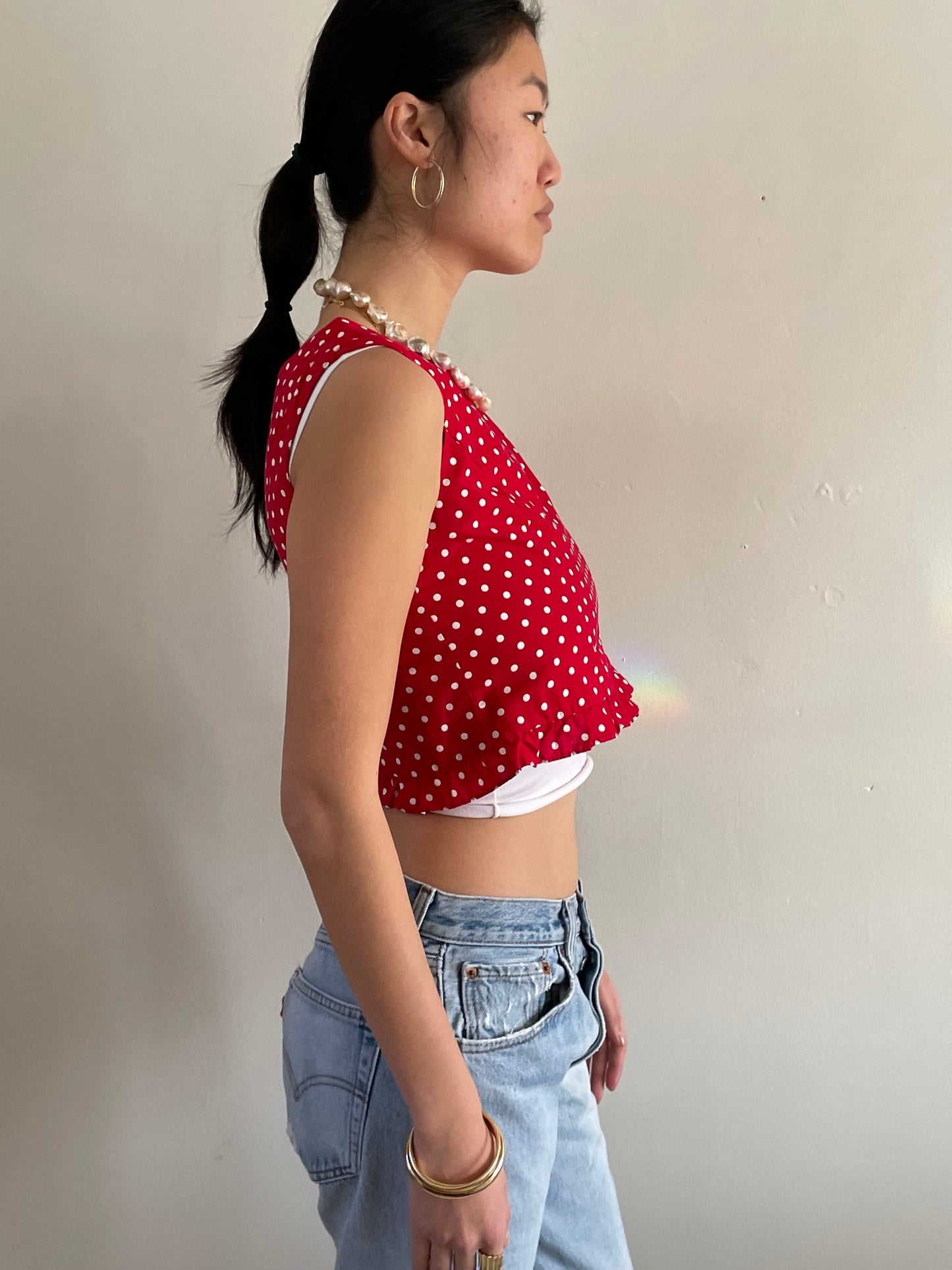 vintage 70s Lanz cotton polkadot cropped sleeveless blouse