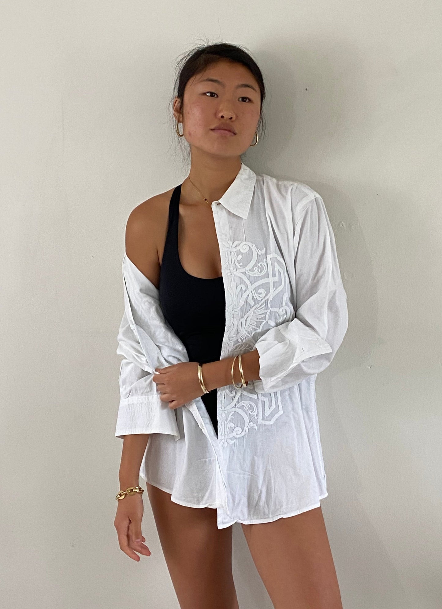 vintage 90s embroidered white on white embroidery cotton batiste button down oversized shirt blouse | XL