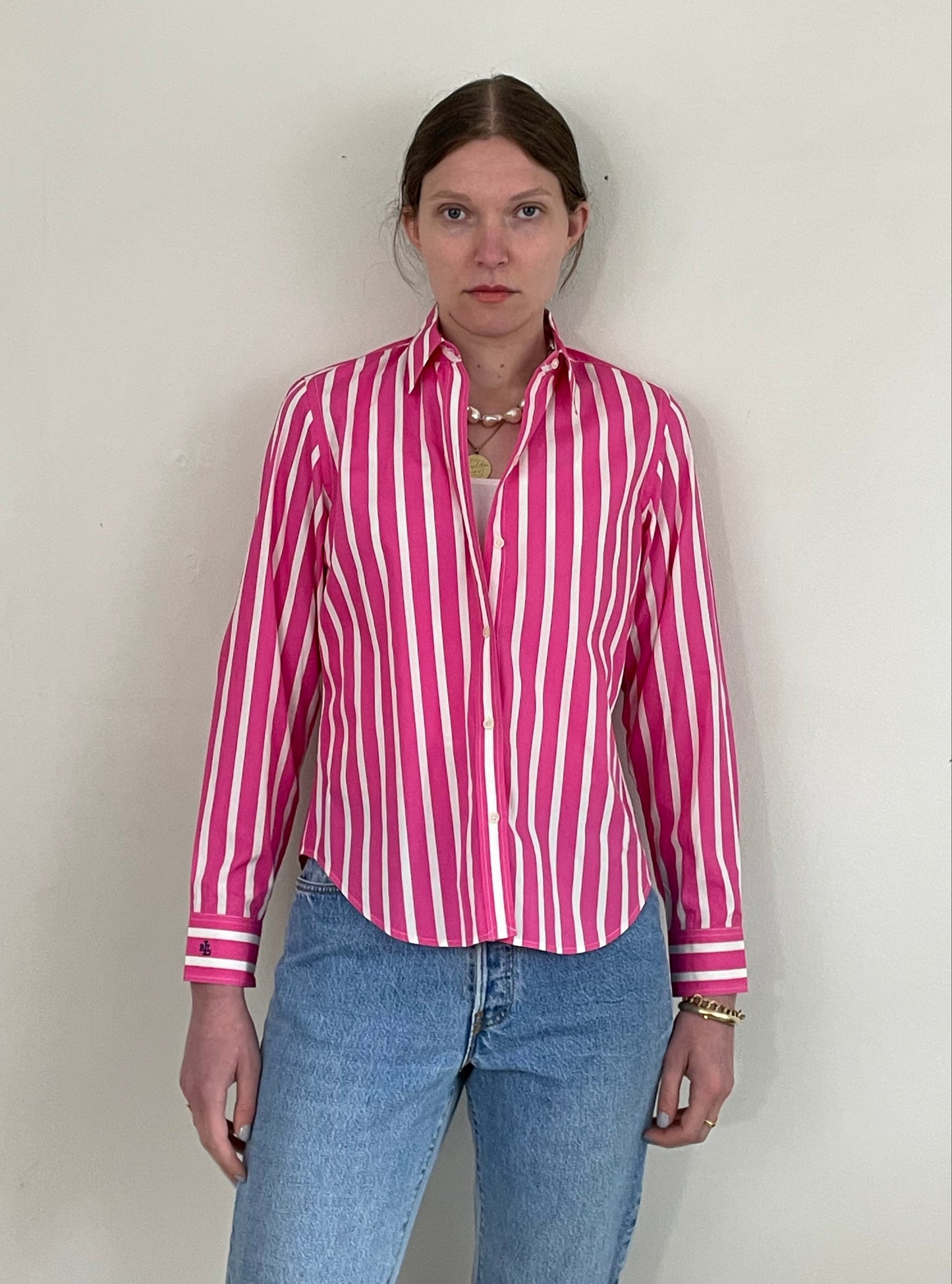vintage Ralph Lauren hot pink white striped 100% cotton RL petite cropped pinstripe blouse Small