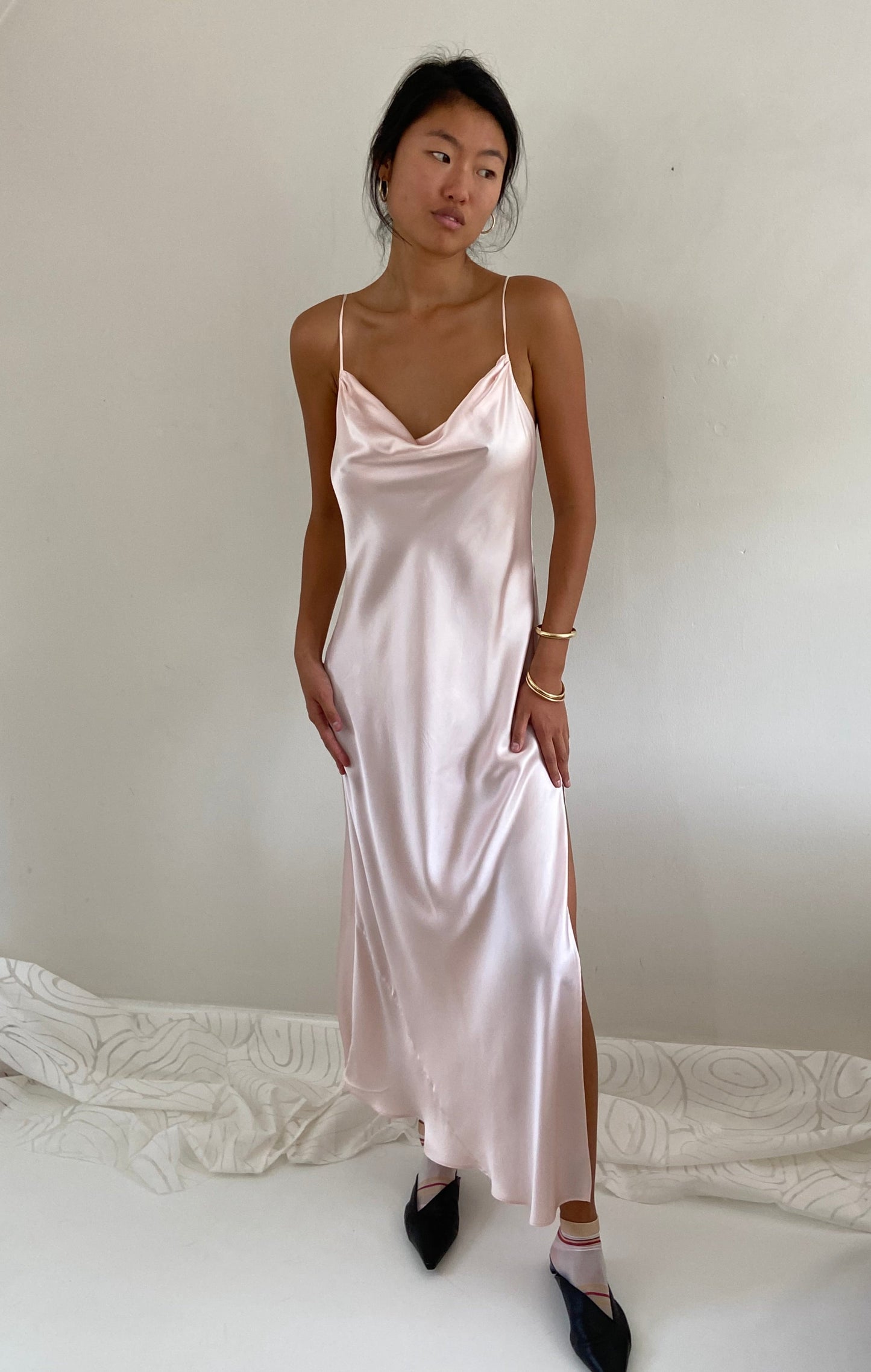vintage 90s 100% silk charmeuse blush pink maxi slip wedding guest dress M/L