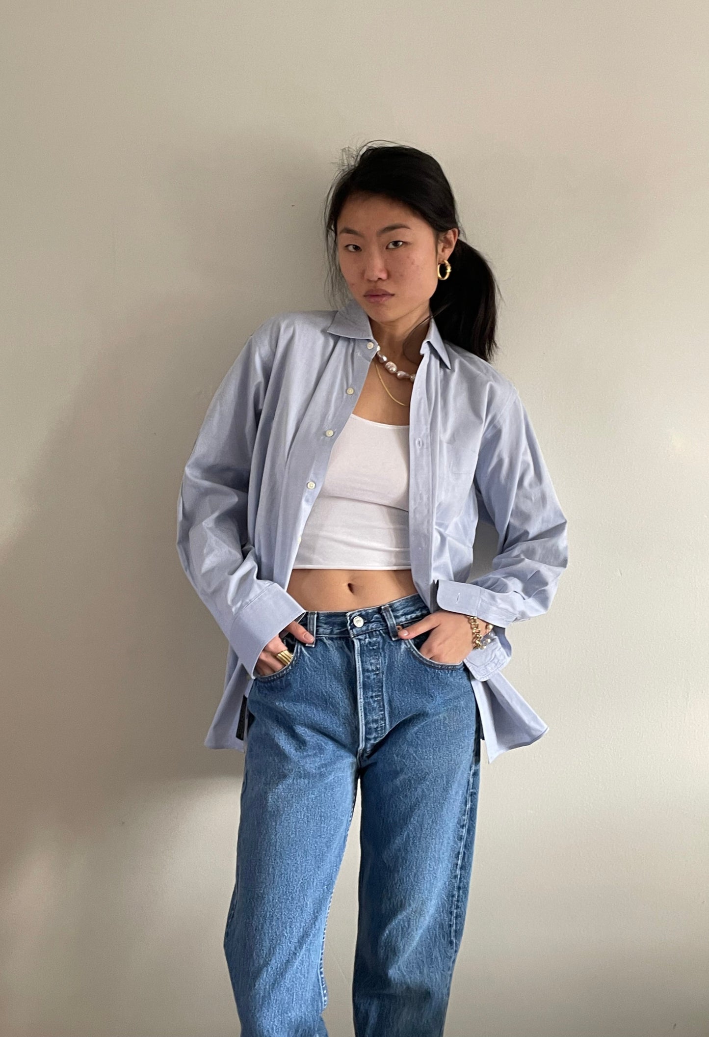 vintage 80s ice blue cotton shirt | oversized baby blue solid button down boyfriend shirt blouse | Medium