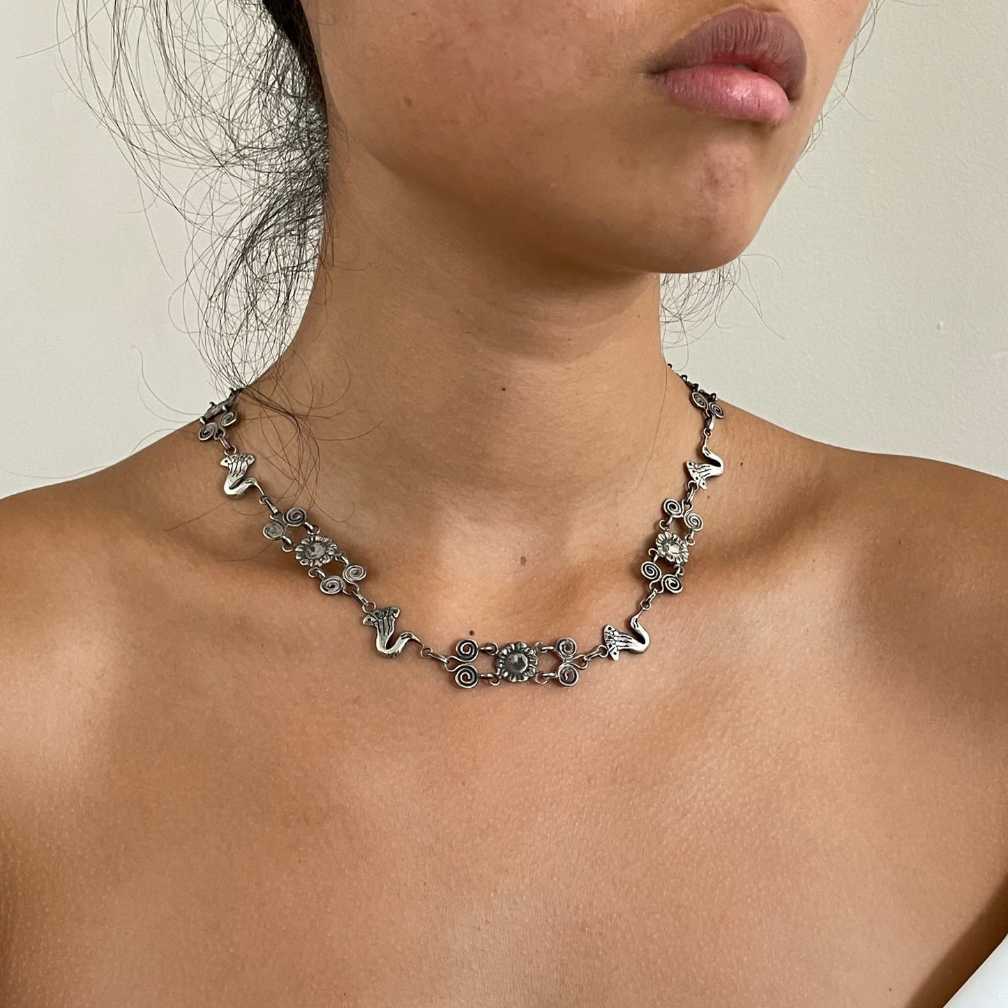 Vintage 90s Taxco Sterling Silver Bird + Flower Link Necklace: Handcrafted Mexico 18 inches
