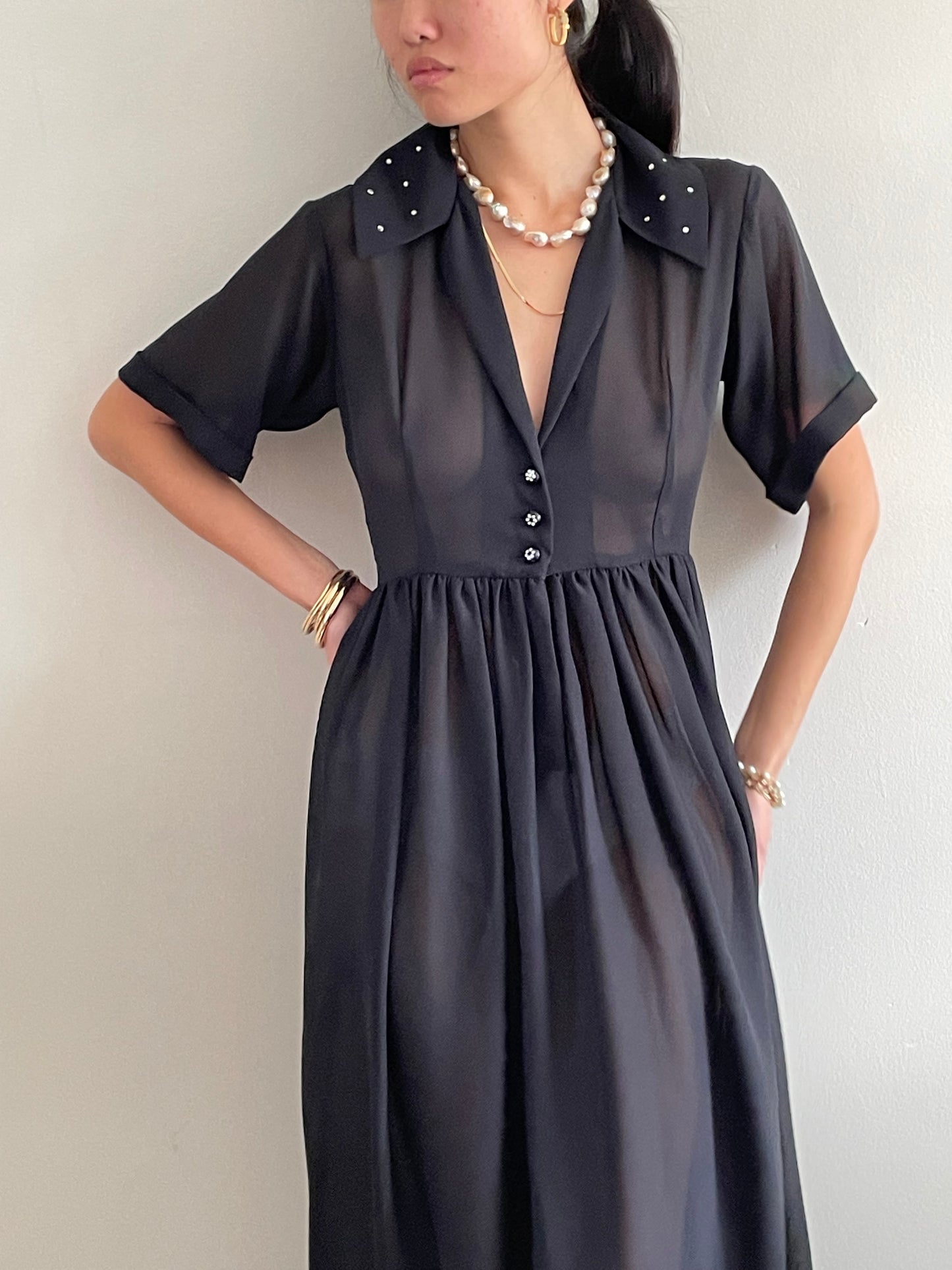 vintage 60s black sheer chiffon cocktail wedding guest midi dress Medium