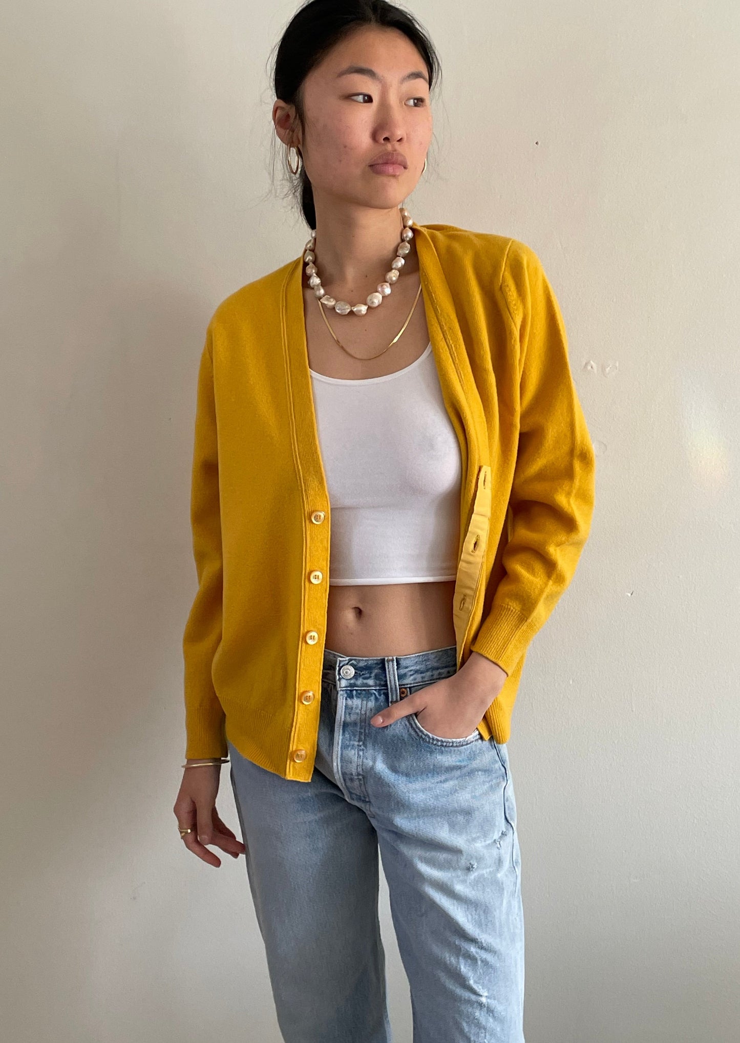 vintage 1950s HAWICO lambswool mustard yellow grandpa cardigan sweater