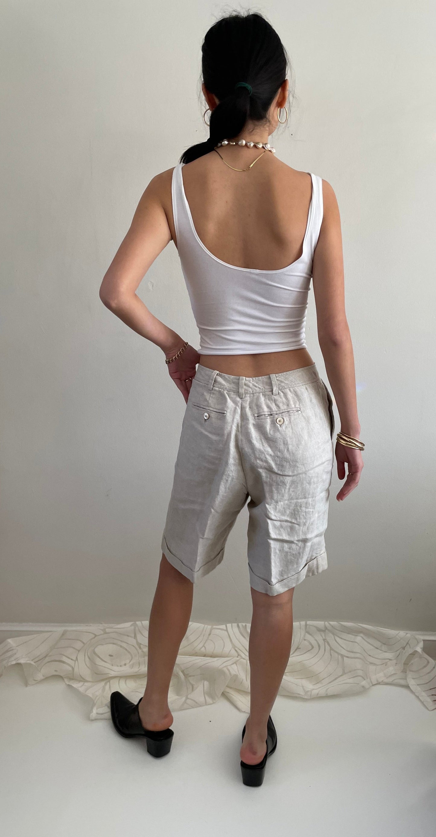 vintage linen silk oatmeal cuffed pleated trouser shorts 29 waist