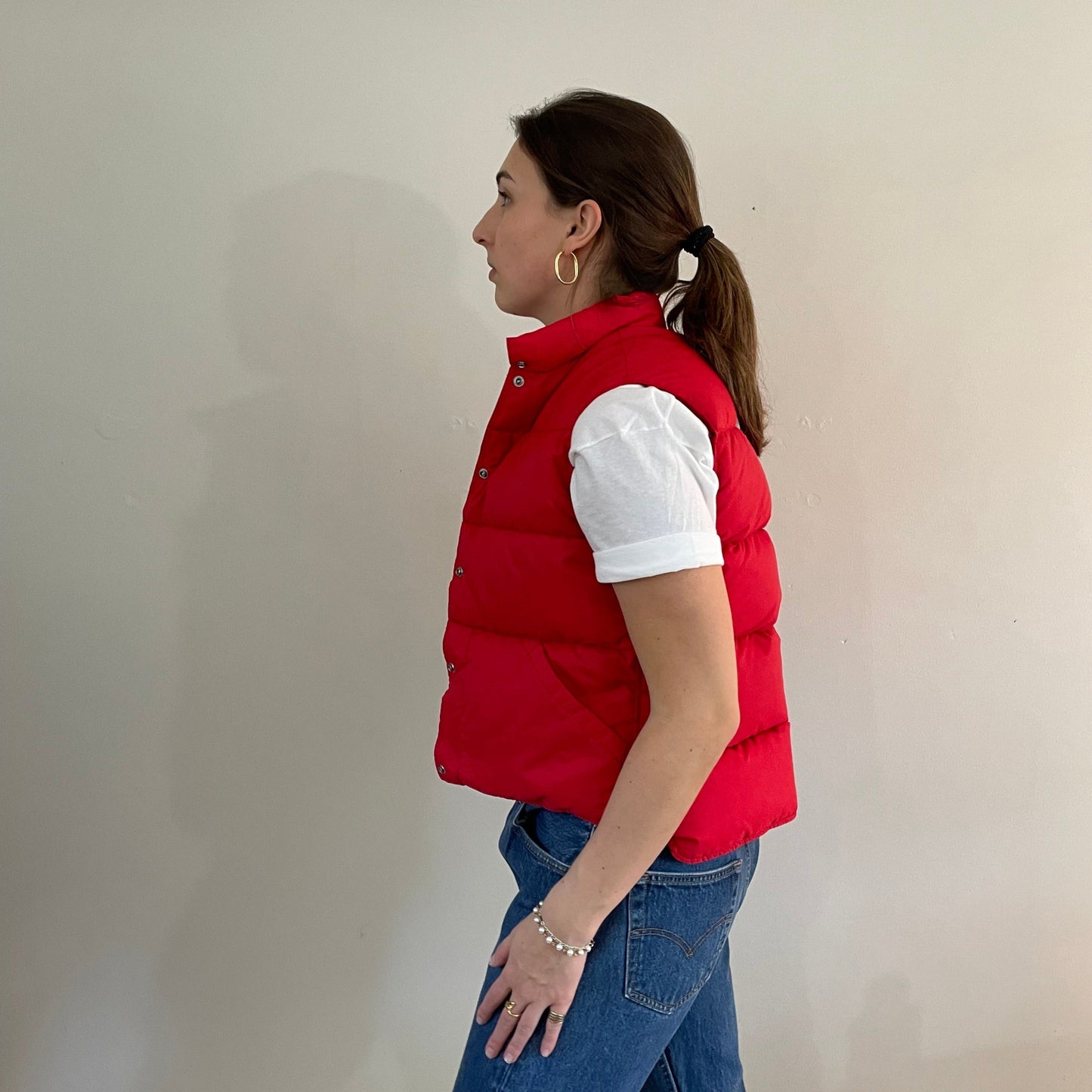 vintage 70s LL Bean goose down cherry red puffy womens vest | Cursive snap front cropped puffer Small