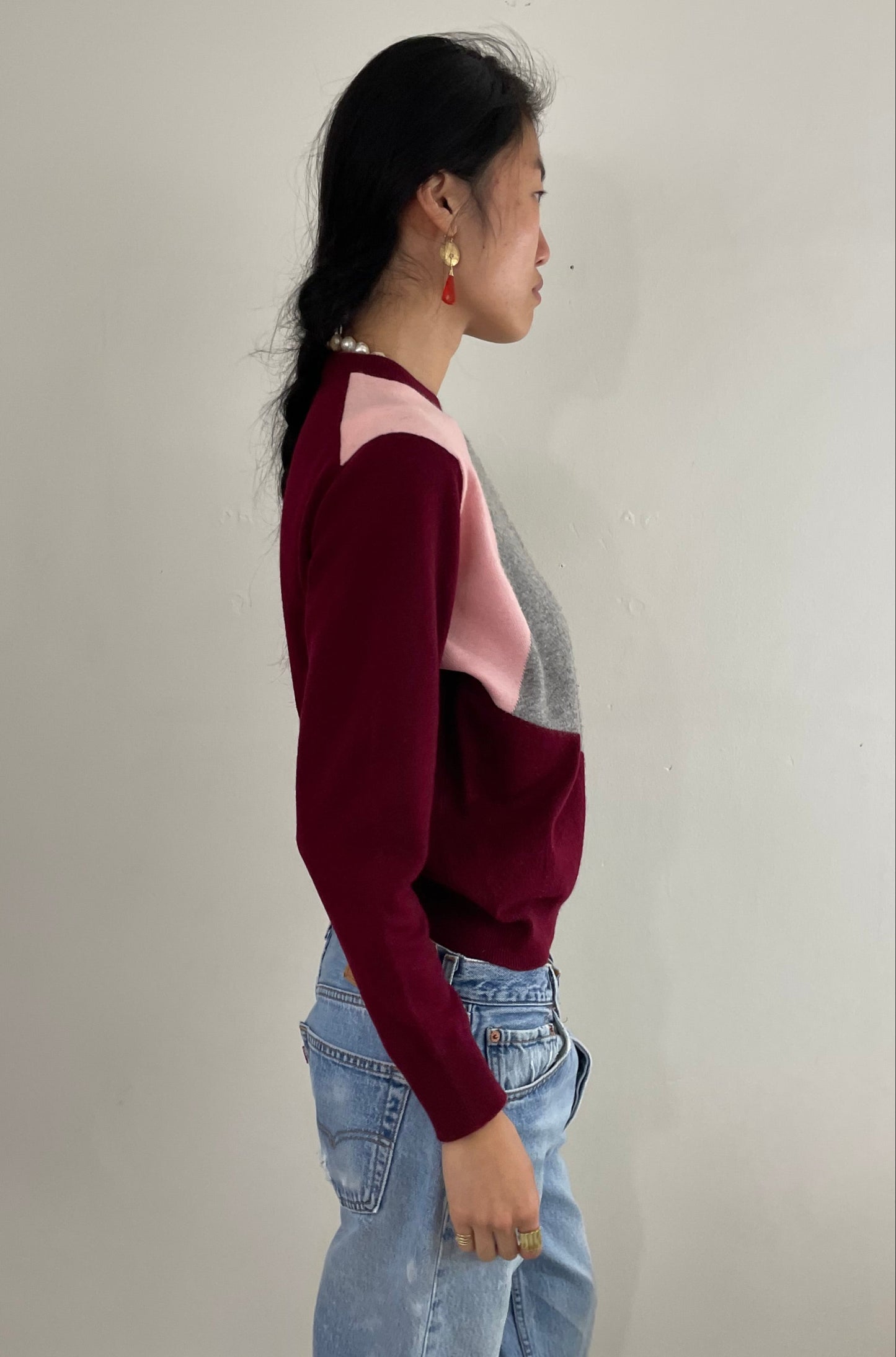 Vintage 100% Cashmere Intarsia Knit Crewneck Pullover Wine Pink Gray ColorBlock Medium