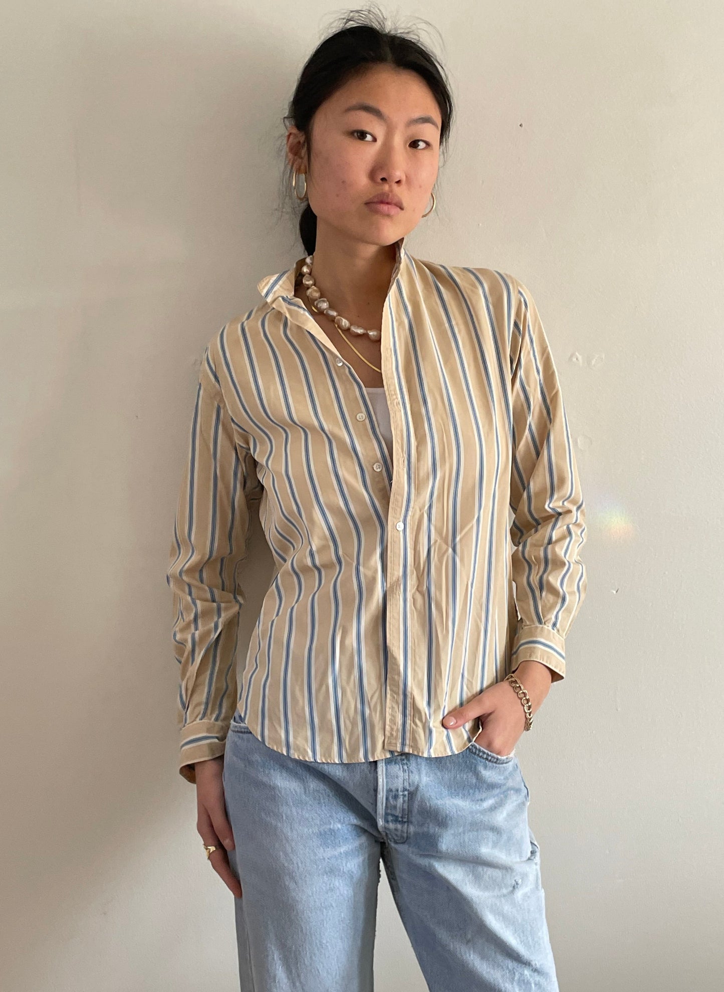 vintage 80s Calvin Klein cotton blouse khaki beige pinstripe
