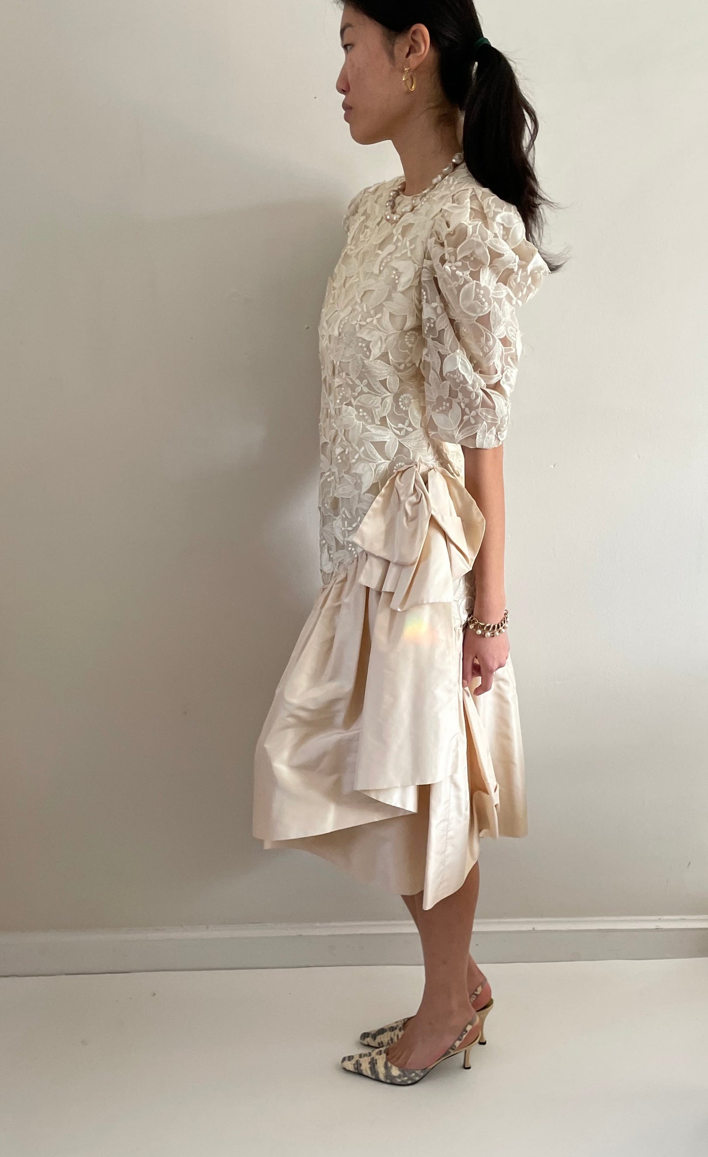 Vintage 80s Lace Dropped Waist Open Lace Silk Taffeta Princess Di Tea Dress | Medium