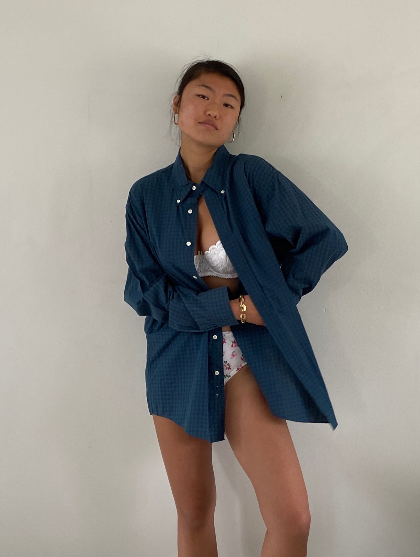 vintage 90s Brooks Brothers Navy Blue + Forest Green Gingham Oversized Button Down Boyfriend Shirt XL