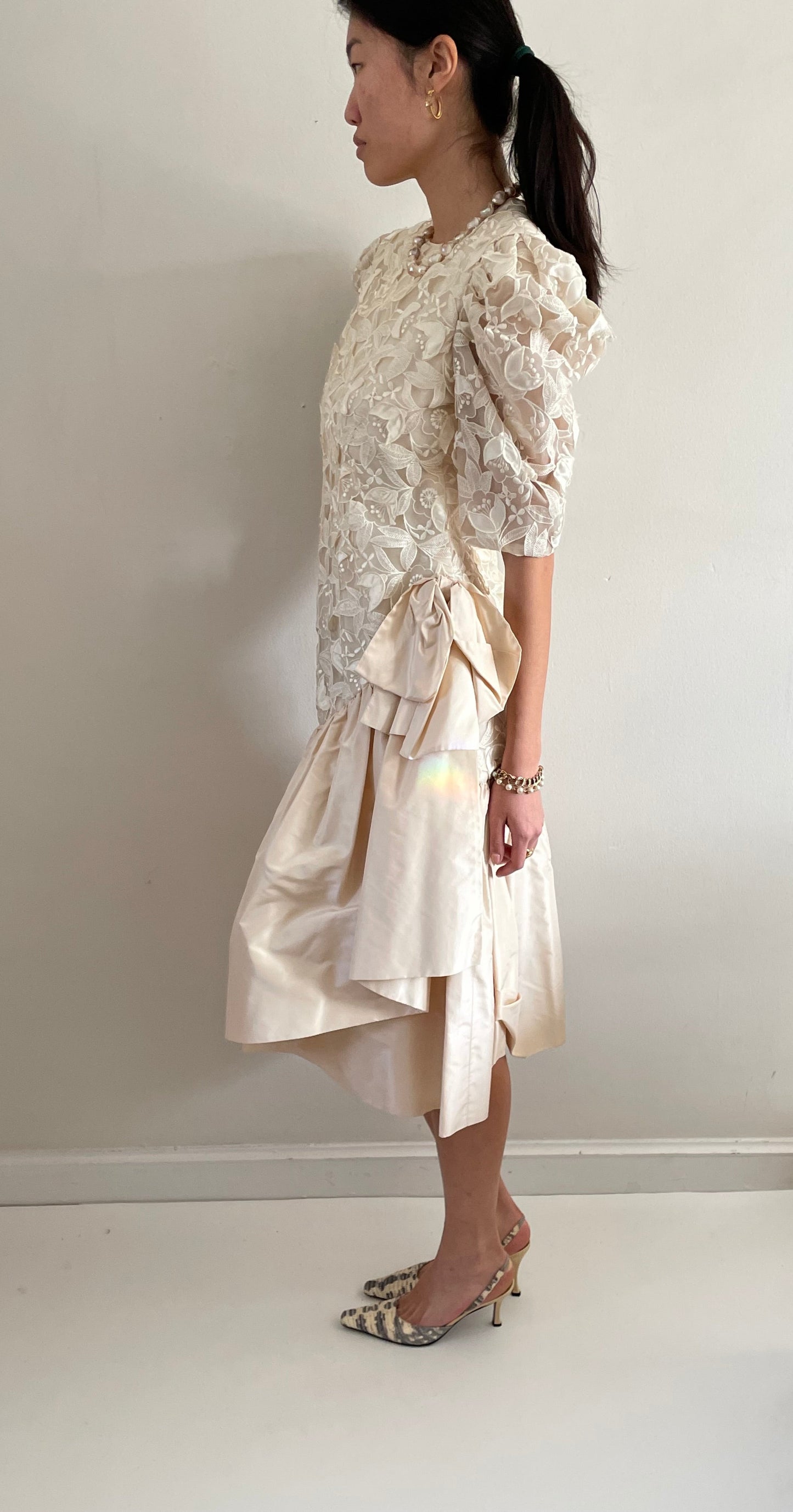 Vintage 80s Lace Dropped Waist Open Lace Silk Taffeta Princess Di Tea Dress | Medium