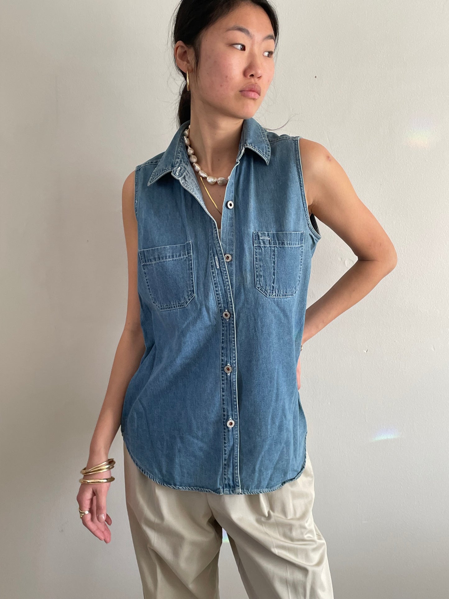 vintage Bill Blass sleeveless denim chambray blouse L