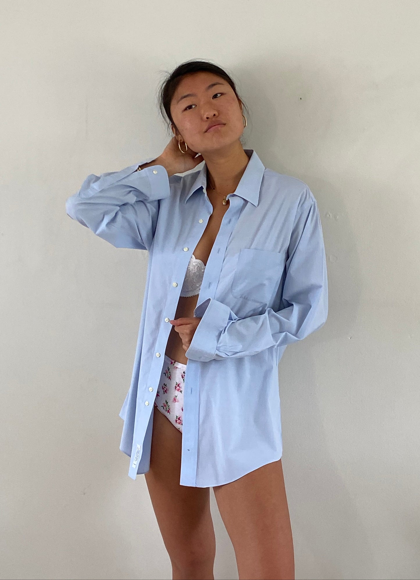 vintage 70s cotton ice blue boyfriend button down menswear shirt | Large