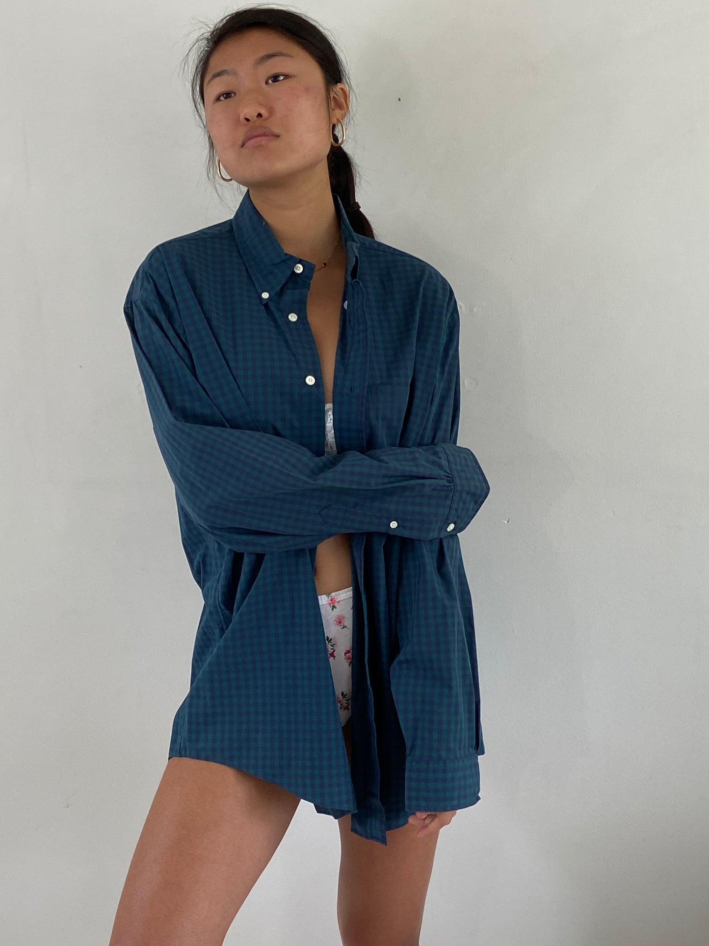 vintage 90s Brooks Brothers Navy Blue + Forest Green Gingham Oversized Button Down Boyfriend Shirt XL
