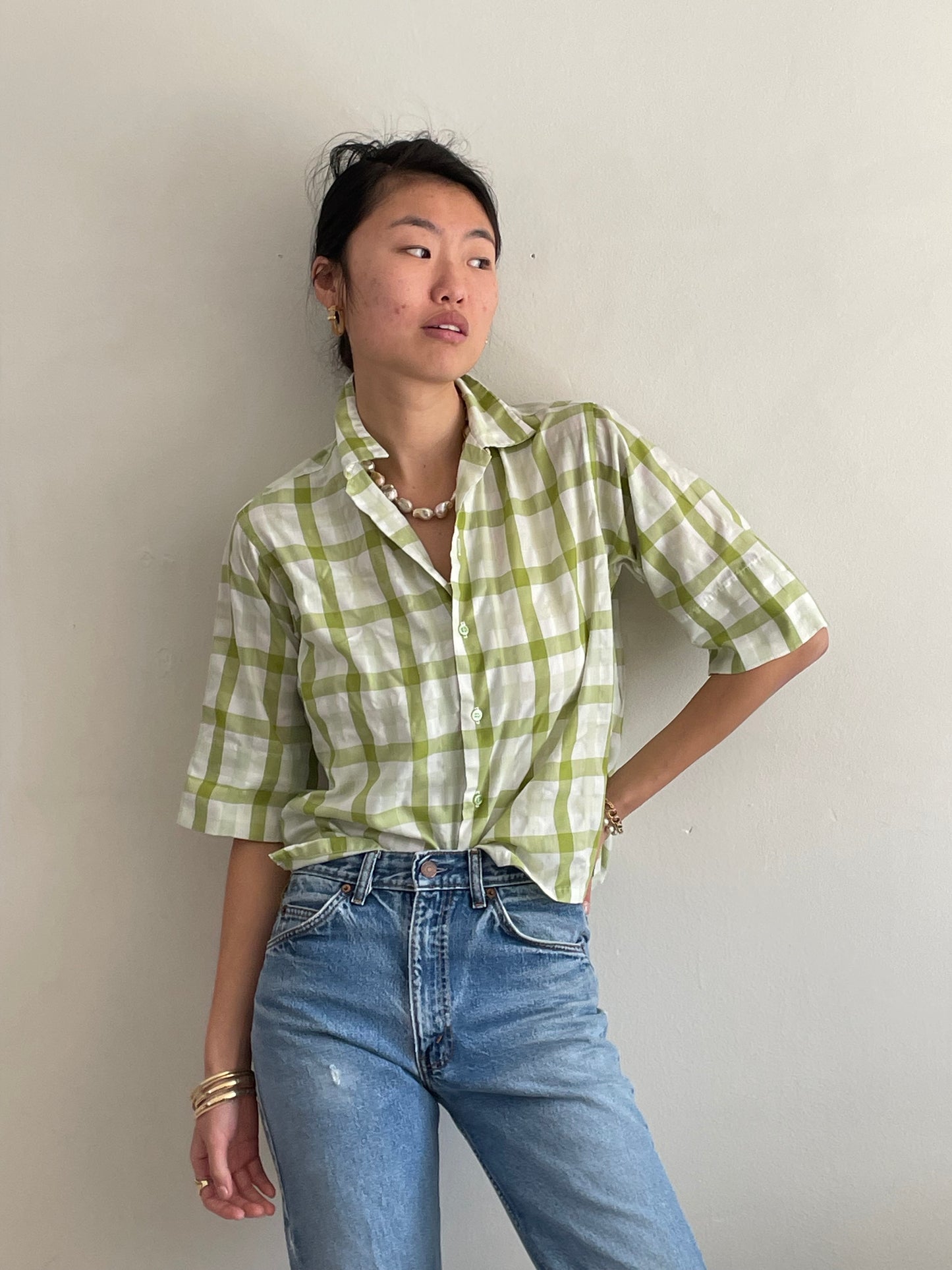 60s vintage plaid blouse / lime + olive moss green plaid elbow sleeve cropped blouse | Medium