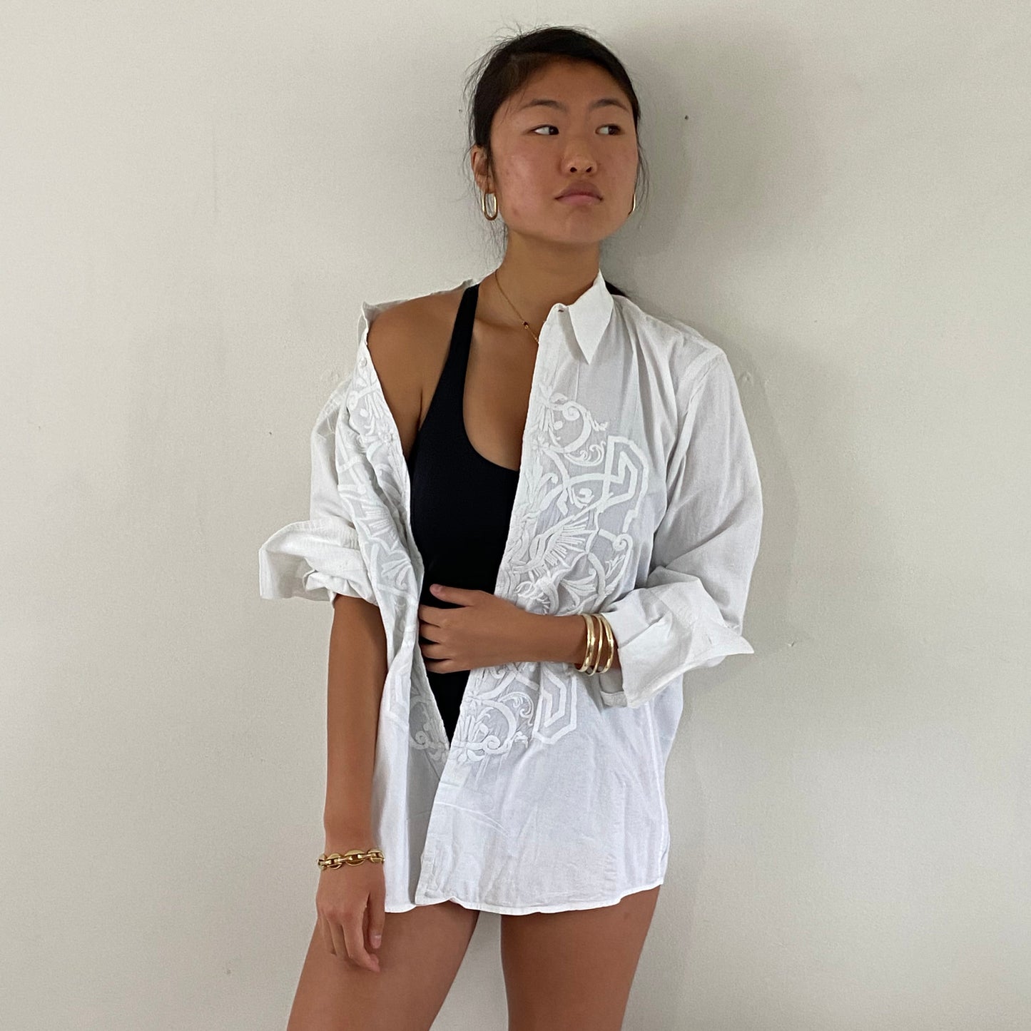 vintage 90s embroidered white on white embroidery cotton batiste button down oversized shirt blouse | XL