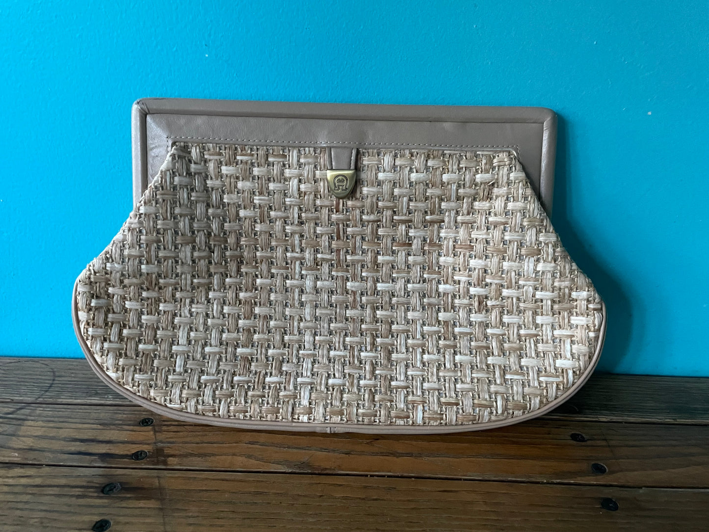 Vintage 90s woven rattan + leather clutch shoulder purse cross body handbag Etienne Aigner