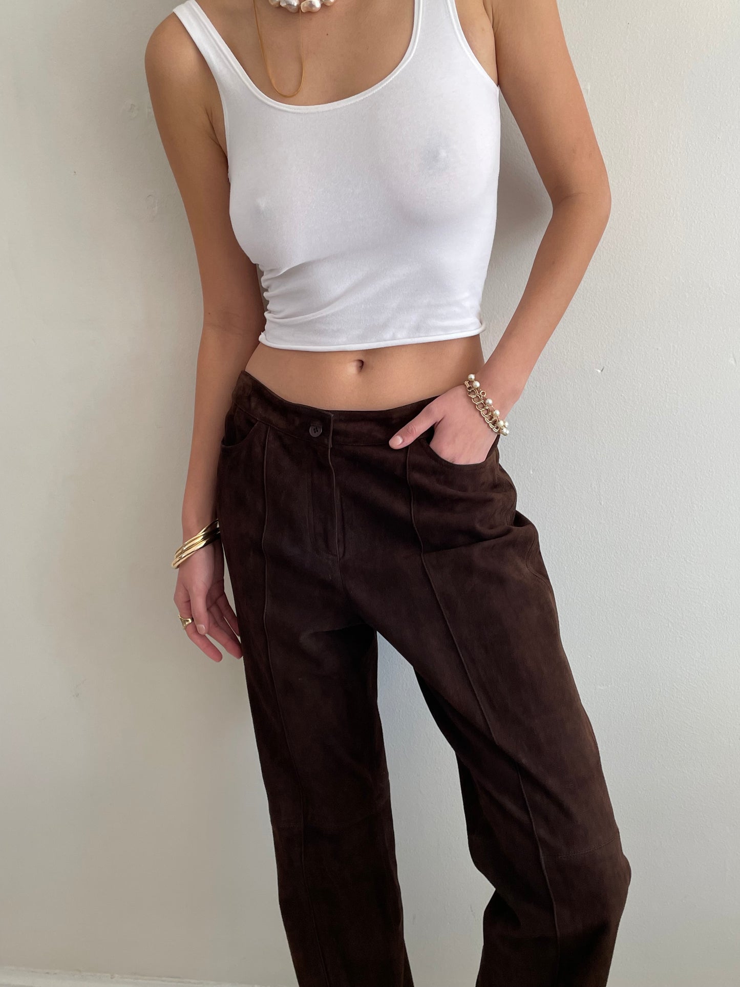 vintage 90s brown genuine suede leather flat front pants size 6 / 31