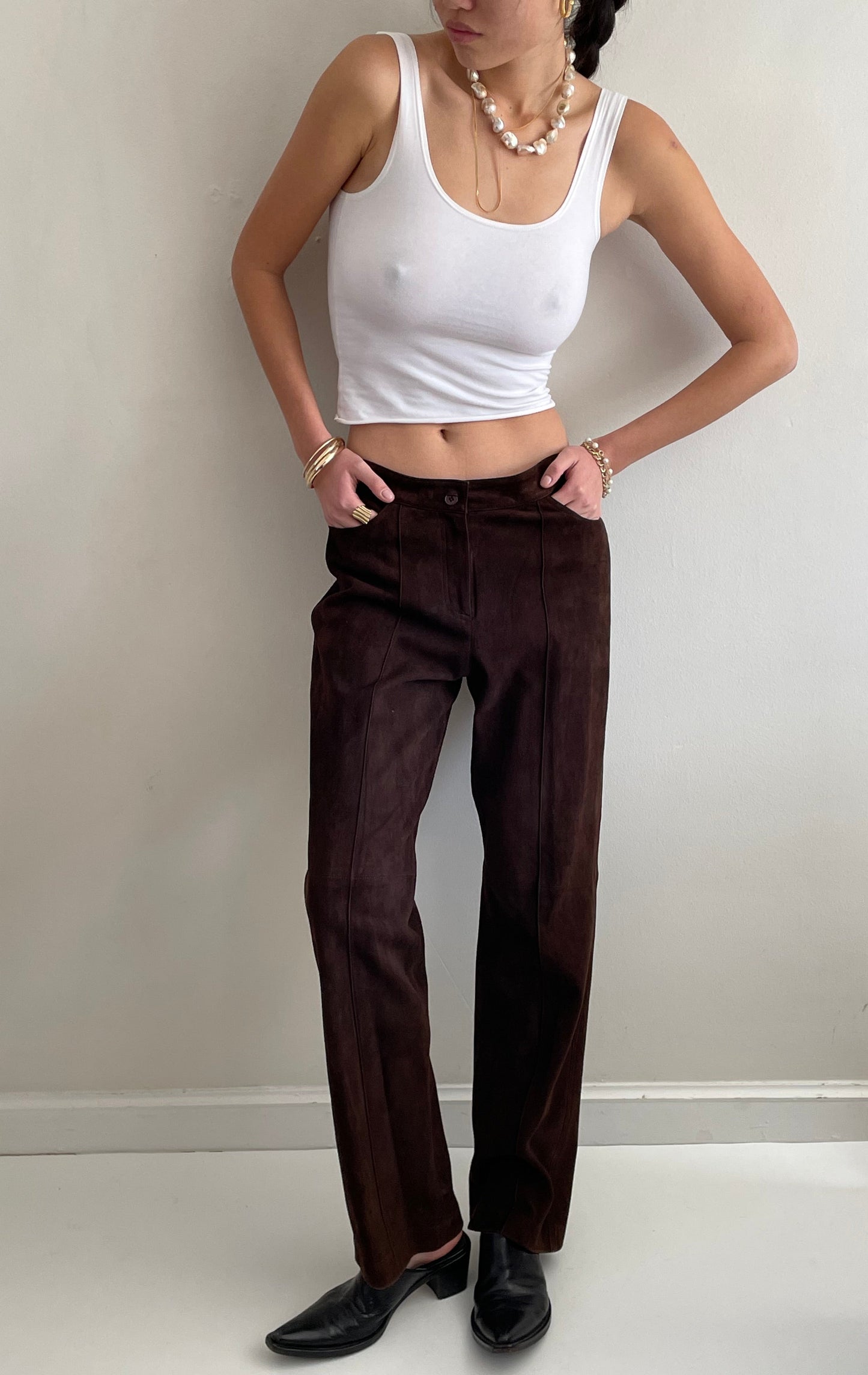 vintage 90s brown genuine suede leather flat front pants size 6 / 31