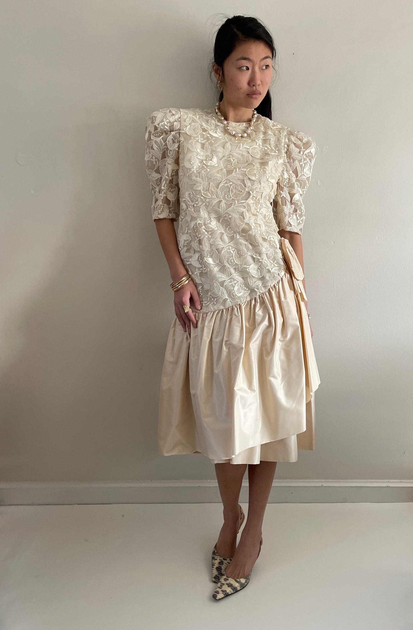Vintage 80s Lace Dropped Waist Open Lace Silk Taffeta Princess Di Tea Dress | Medium