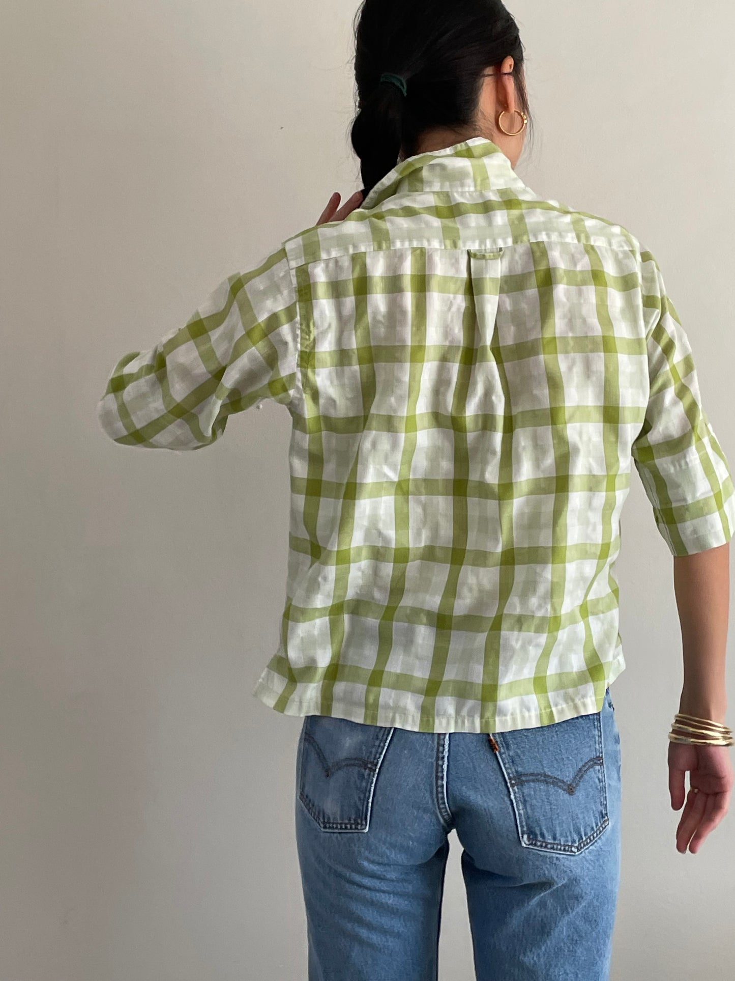 60s vintage plaid blouse / lime + olive moss green plaid elbow sleeve cropped blouse | Medium