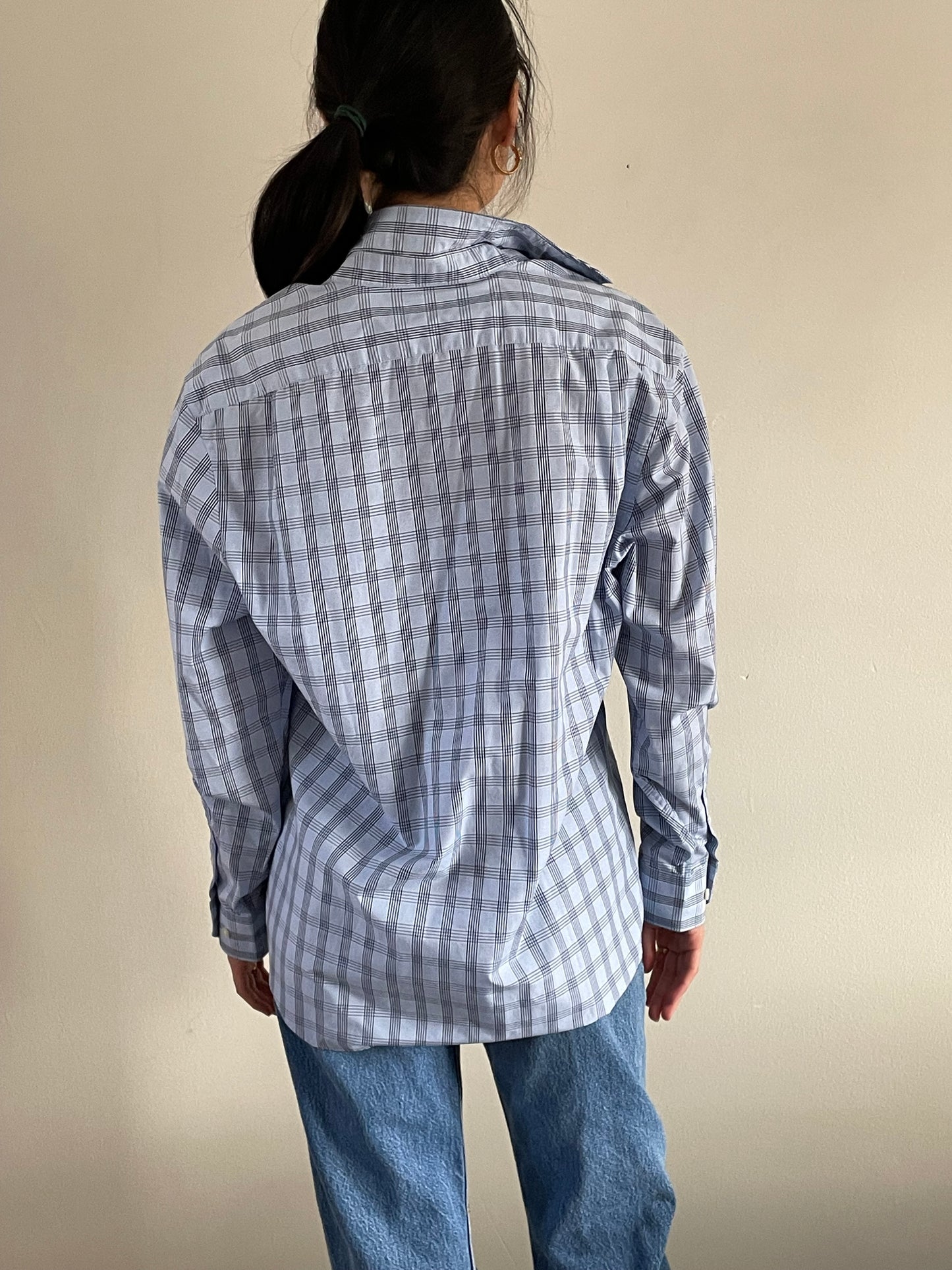Vintage 90s Perry Ellis Boyfriend Shirt | ice blue checked plaid 100 cotton button down shirt blouse | Large