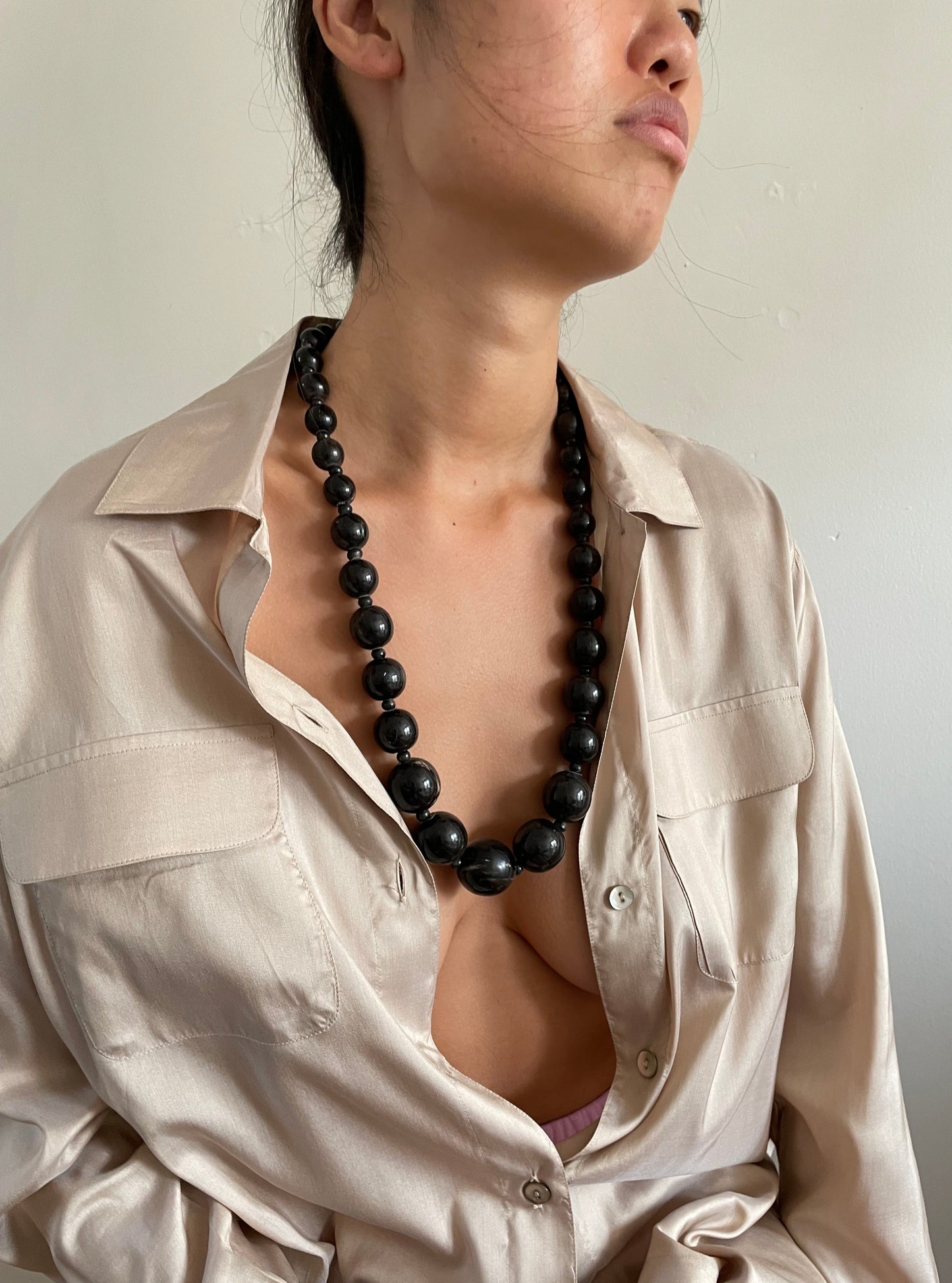 Vintage Monies by Gerda Lynggaard polished horn bead 30" modernist Scandinavian style statement necklace + horn hook clasp jewelry