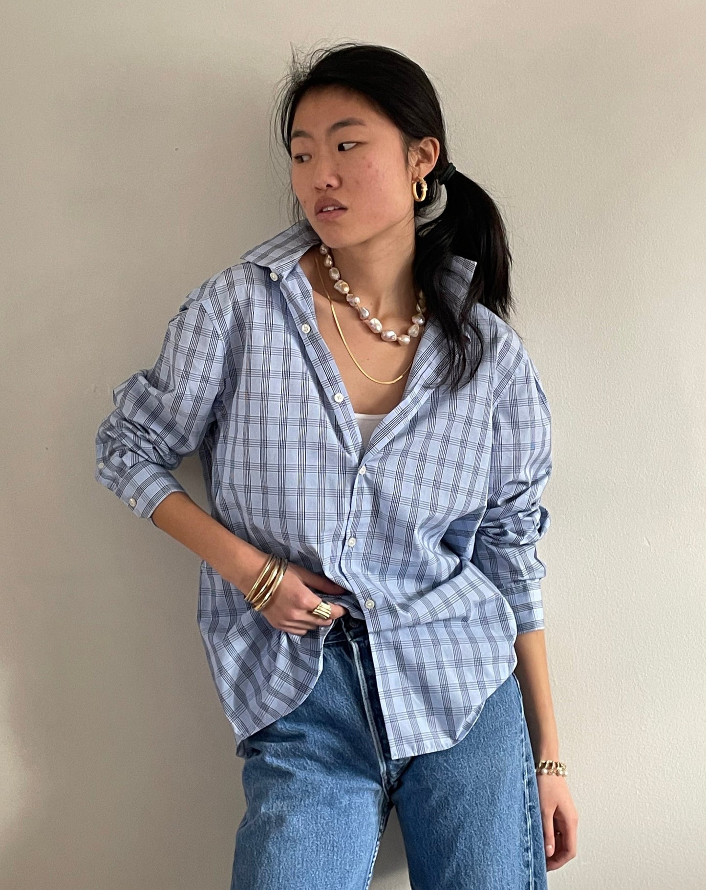 Vintage 90s Perry Ellis Boyfriend Shirt | ice blue checked plaid 100 cotton button down shirt blouse | Large