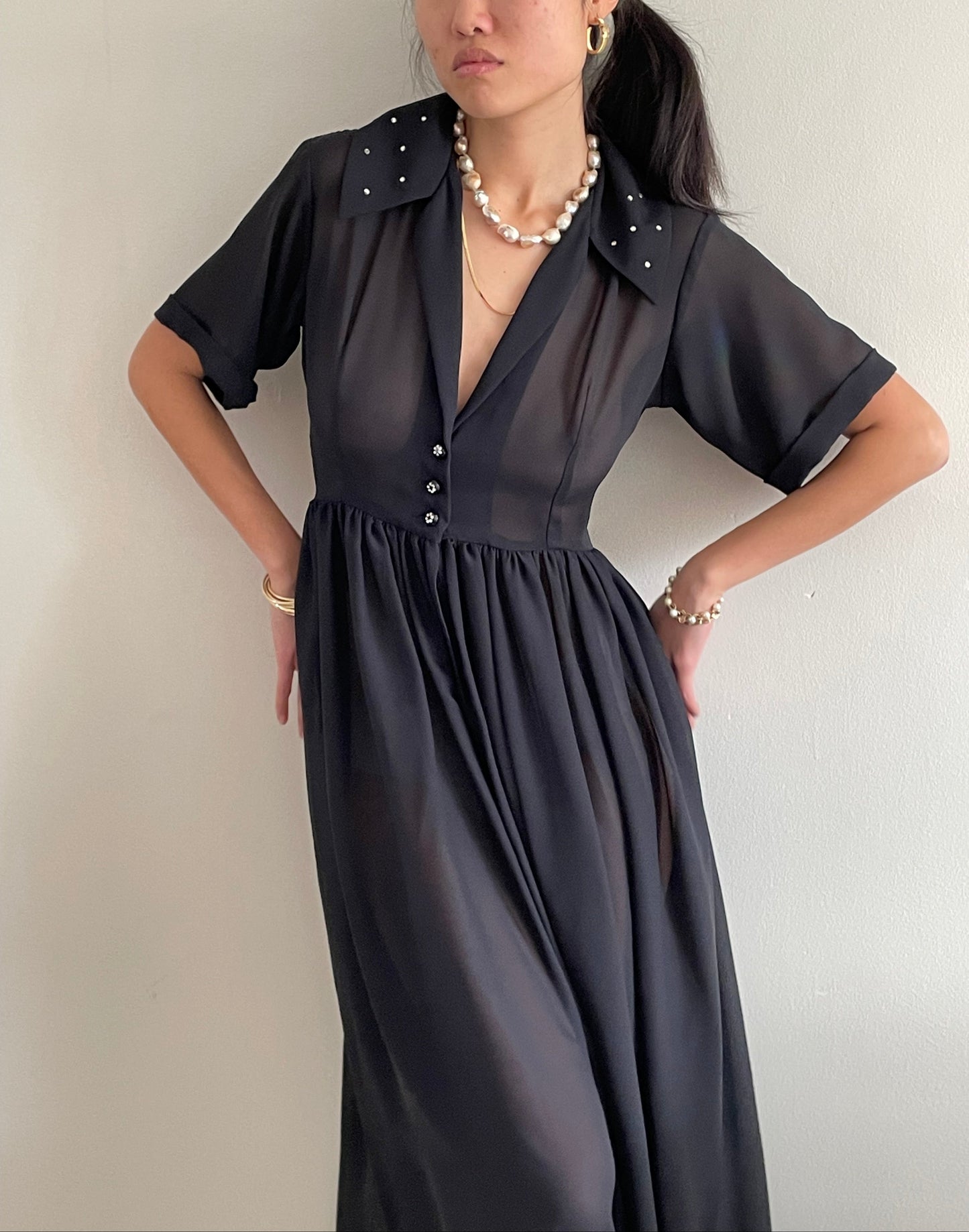 vintage 60s black sheer chiffon cocktail wedding guest midi dress Medium
