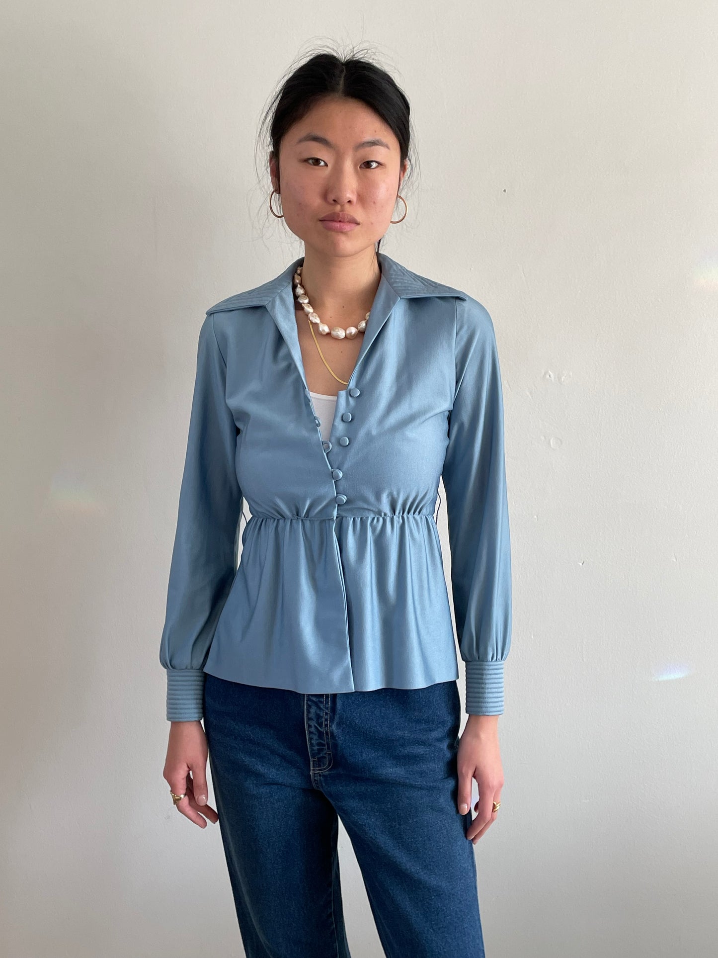 vintage 70s baby blue polyester nipped waist blouse