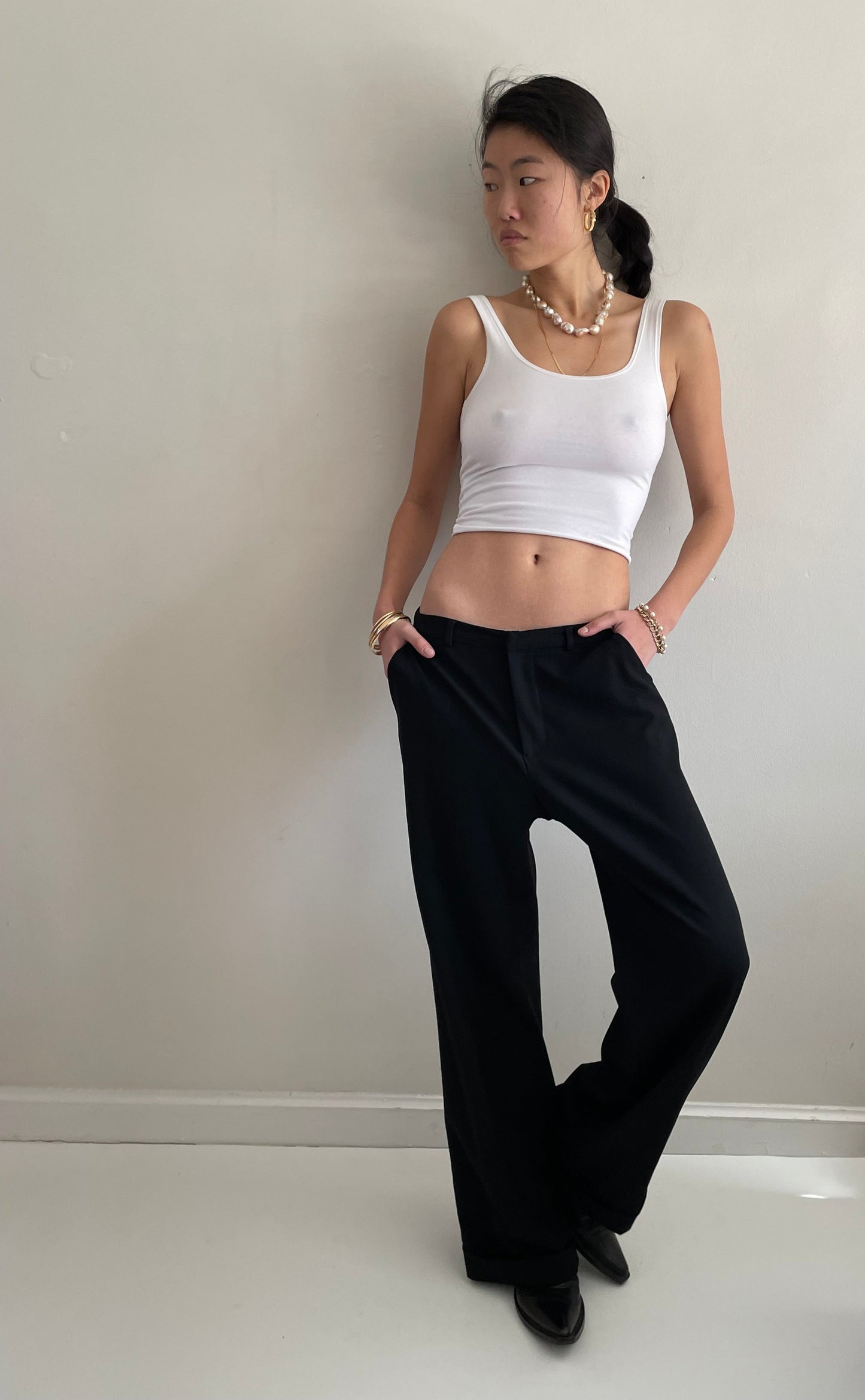 Vintage Y2K Black Wool Flat Front Wide Leg Cuffed Mid Rise Loose Dressy Pants Trousers | Waist size 30 size 6