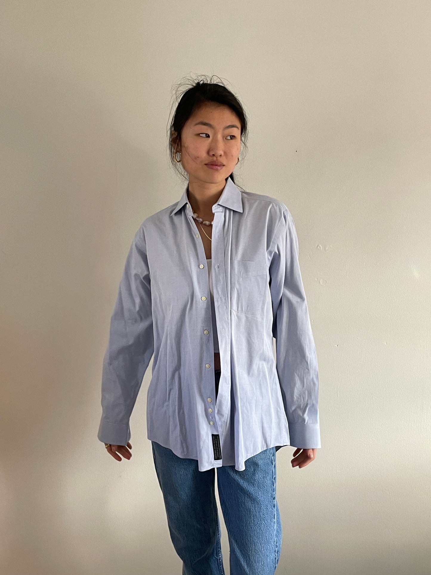 vintage 80s ice blue cotton shirt | oversized baby blue solid button down boyfriend shirt blouse | Medium