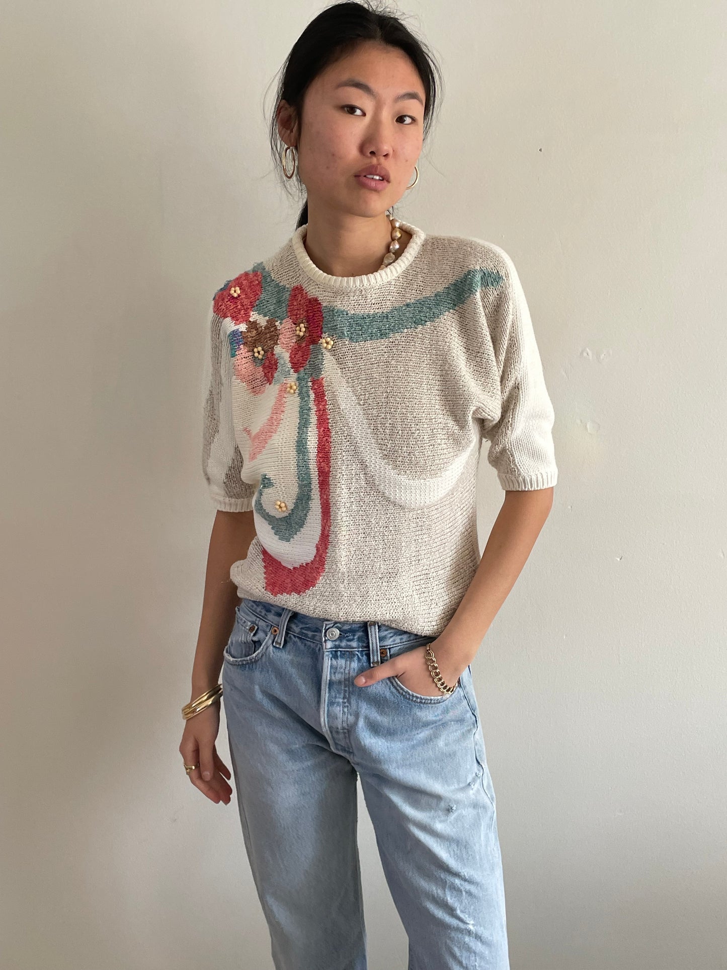 vintage white cotton intarsia floral batwing sweater