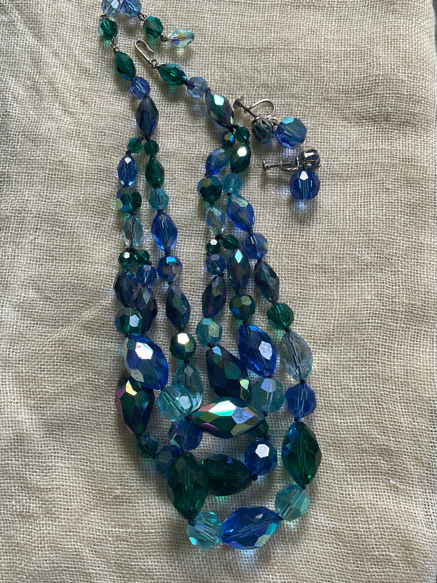 Vintage 50s Blue Aurora Borealis Cut Crystal 3 Strand Choker Collar Necklace + Earrings