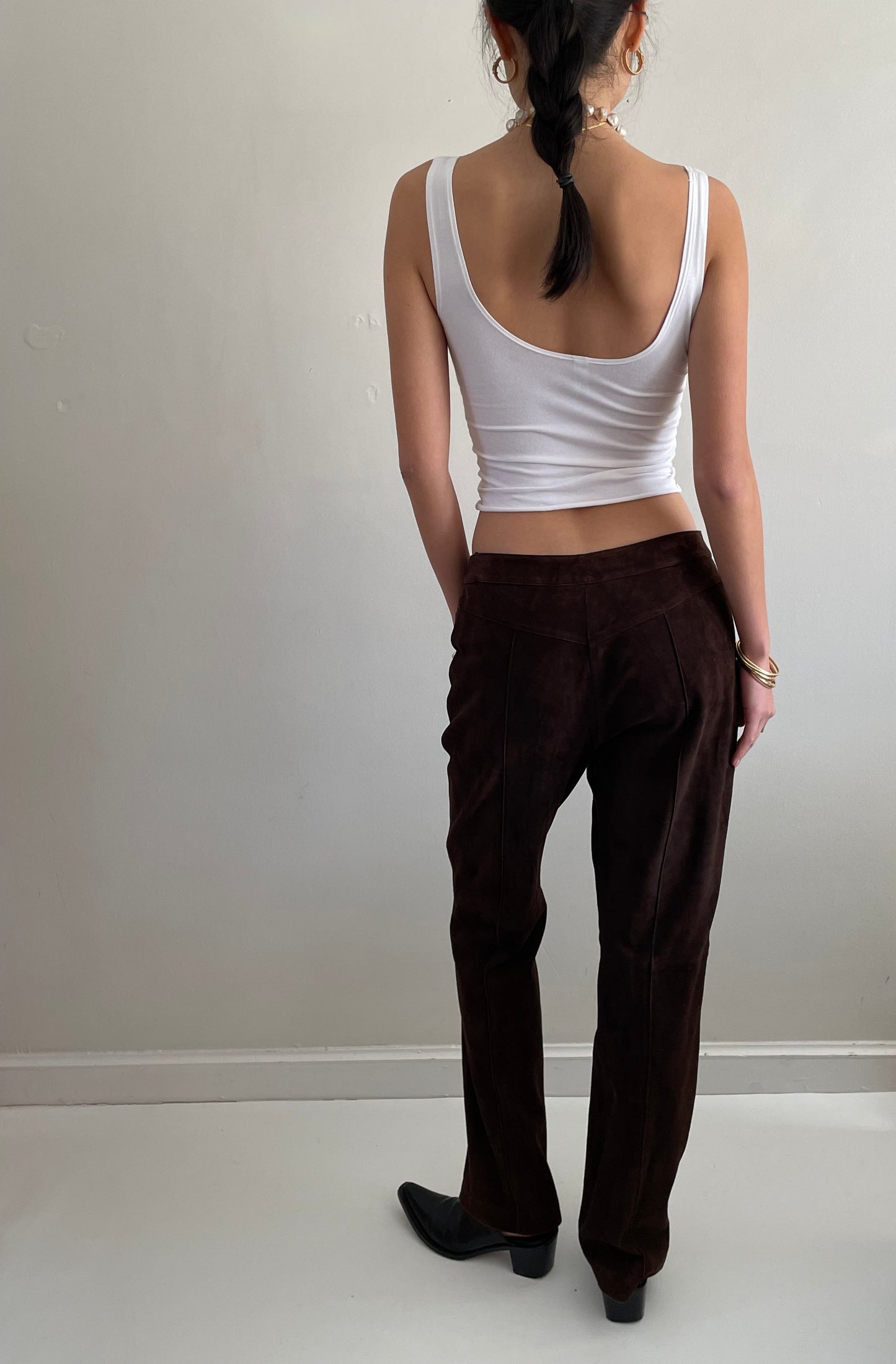 vintage 90s brown genuine suede leather flat front pants size 6 / 31
