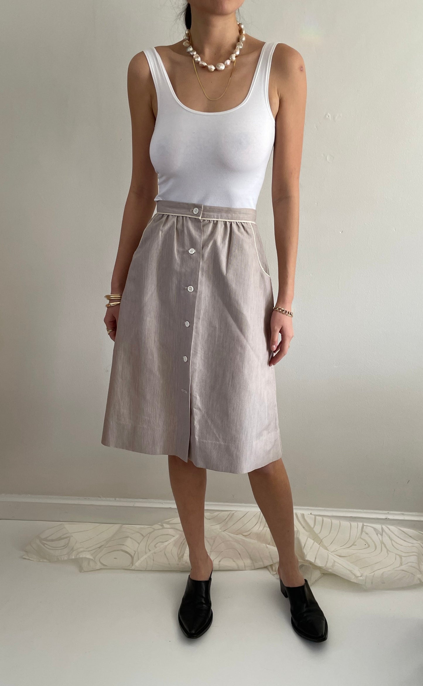 vintage button front knee length preppy striped skirt 25 W