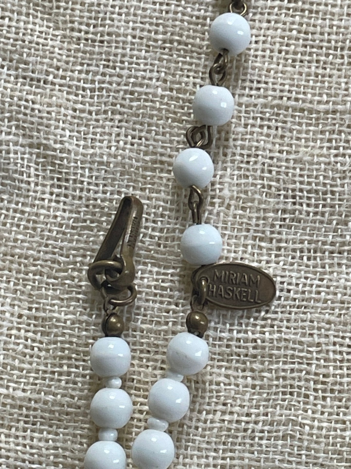 Vintage Miriam Haskell White Milk Glass Beaded Choker Pendant Necklace signed 50s Miram Haskell Jewelry