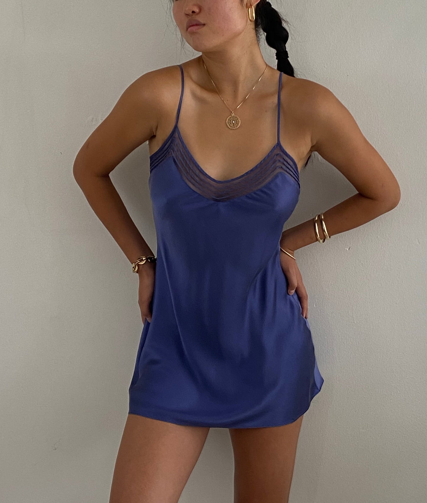 vintage 90s 100% silk charmeuse indigo blue mini slip dress nightgown lingerie Medium