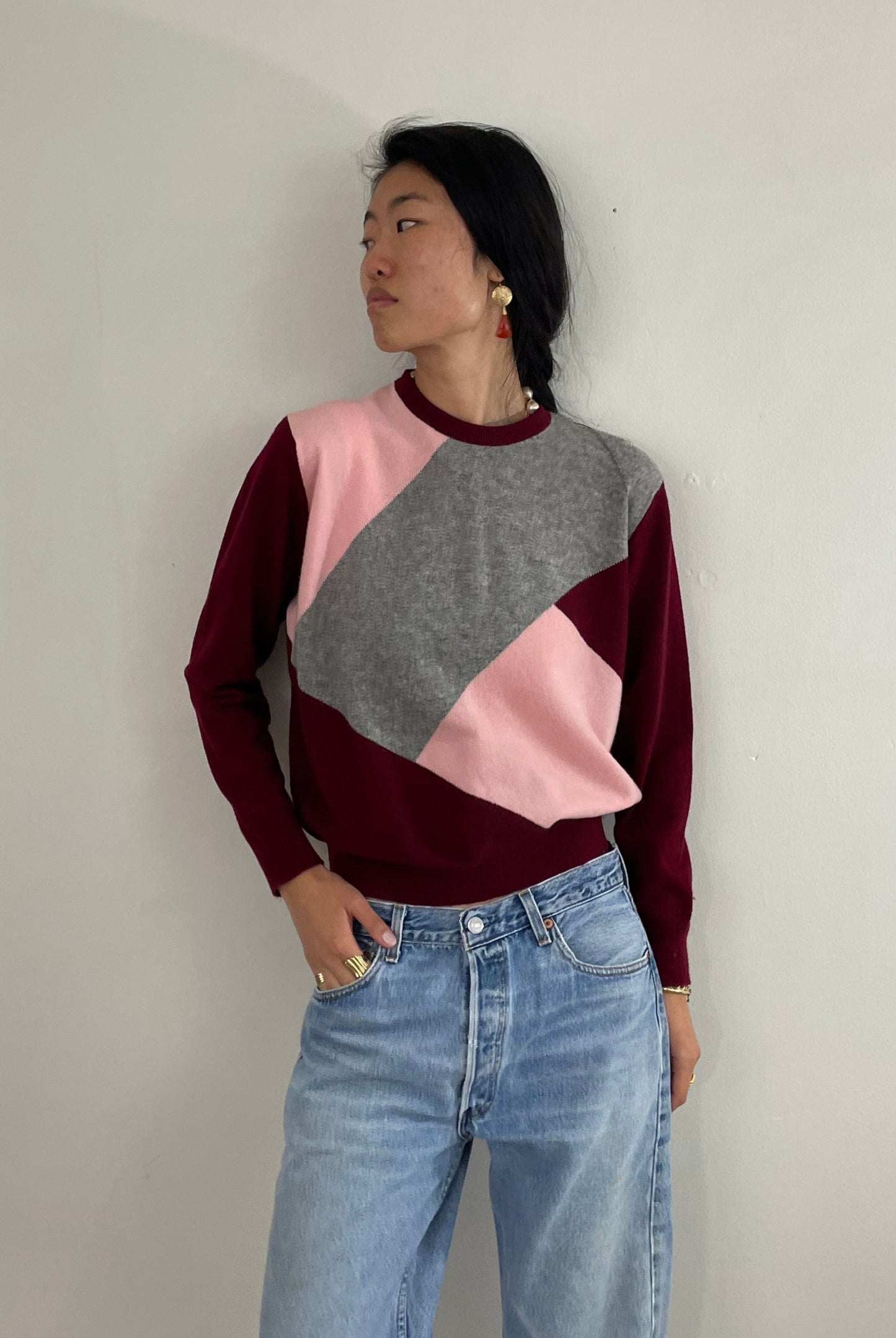 Vintage 100% Cashmere Intarsia Knit Crewneck Pullover Wine Pink Gray ColorBlock Medium