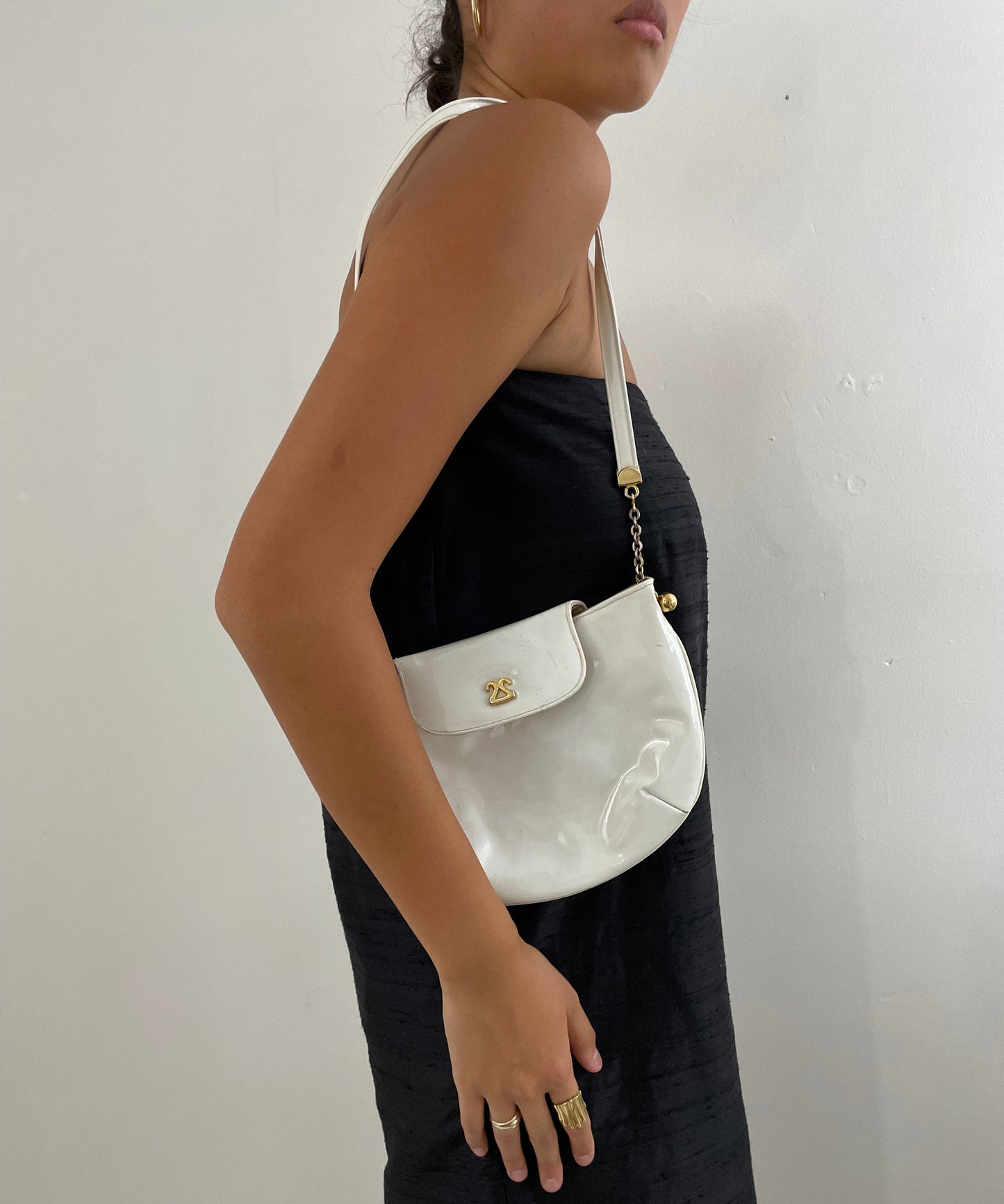 Vintage 60s Marchessa white patent leather shoulder clutch handbag shoulder purse