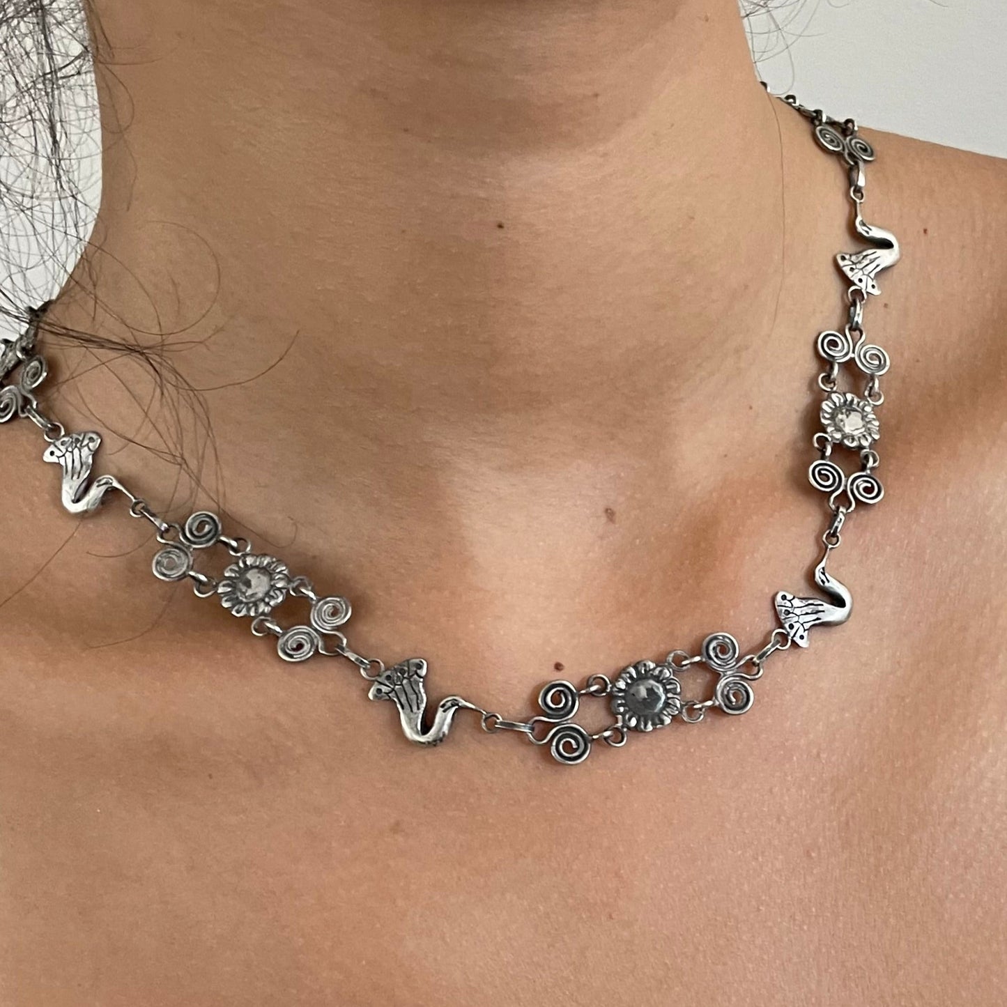 Vintage 90s Taxco Sterling Silver Bird + Flower Link Necklace: Handcrafted Mexico 18 inches