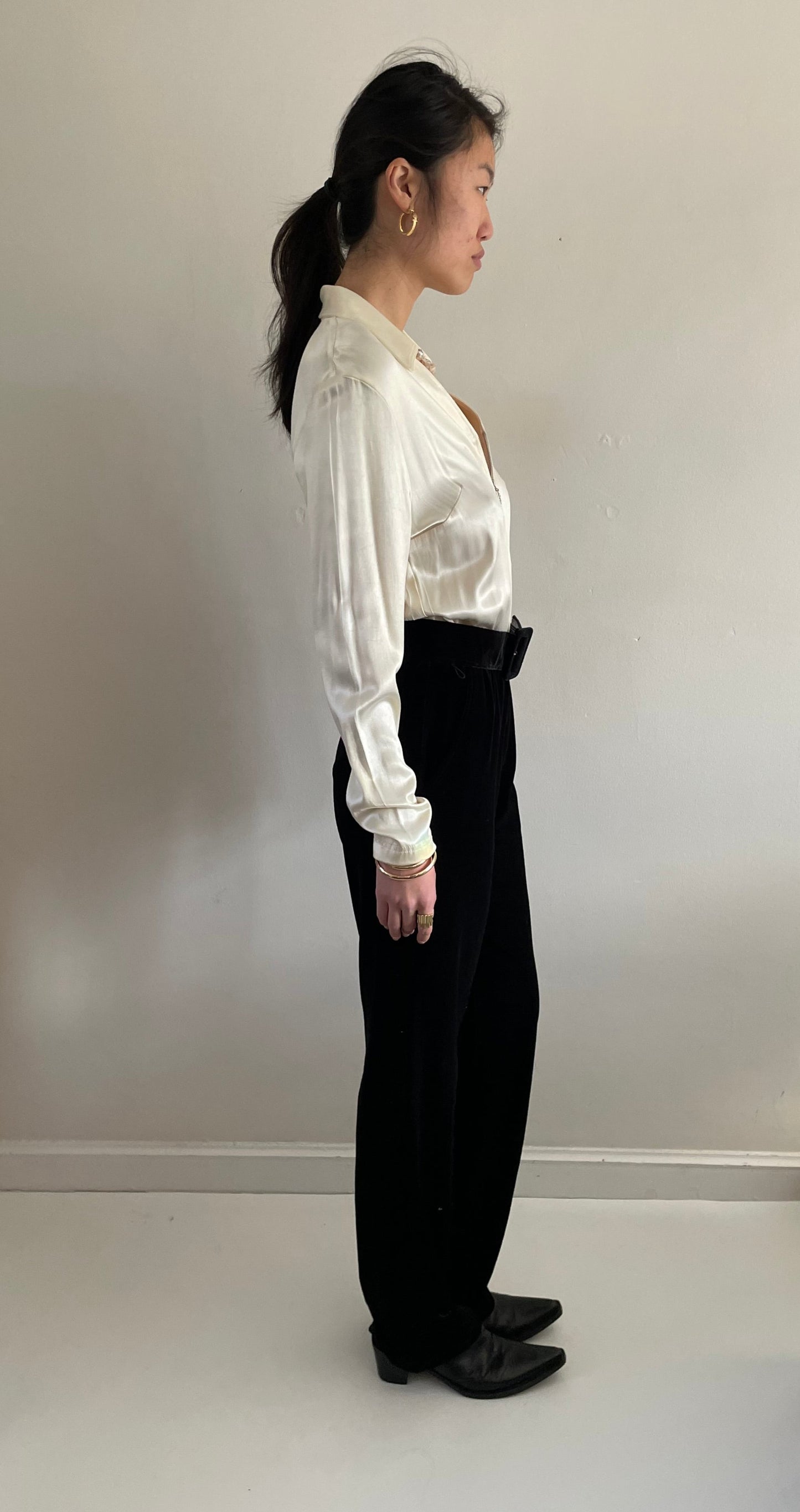 90s Charmeuse + Velvet Tuxedo Wedding Guest Jumpsuit Pant Suit S/M