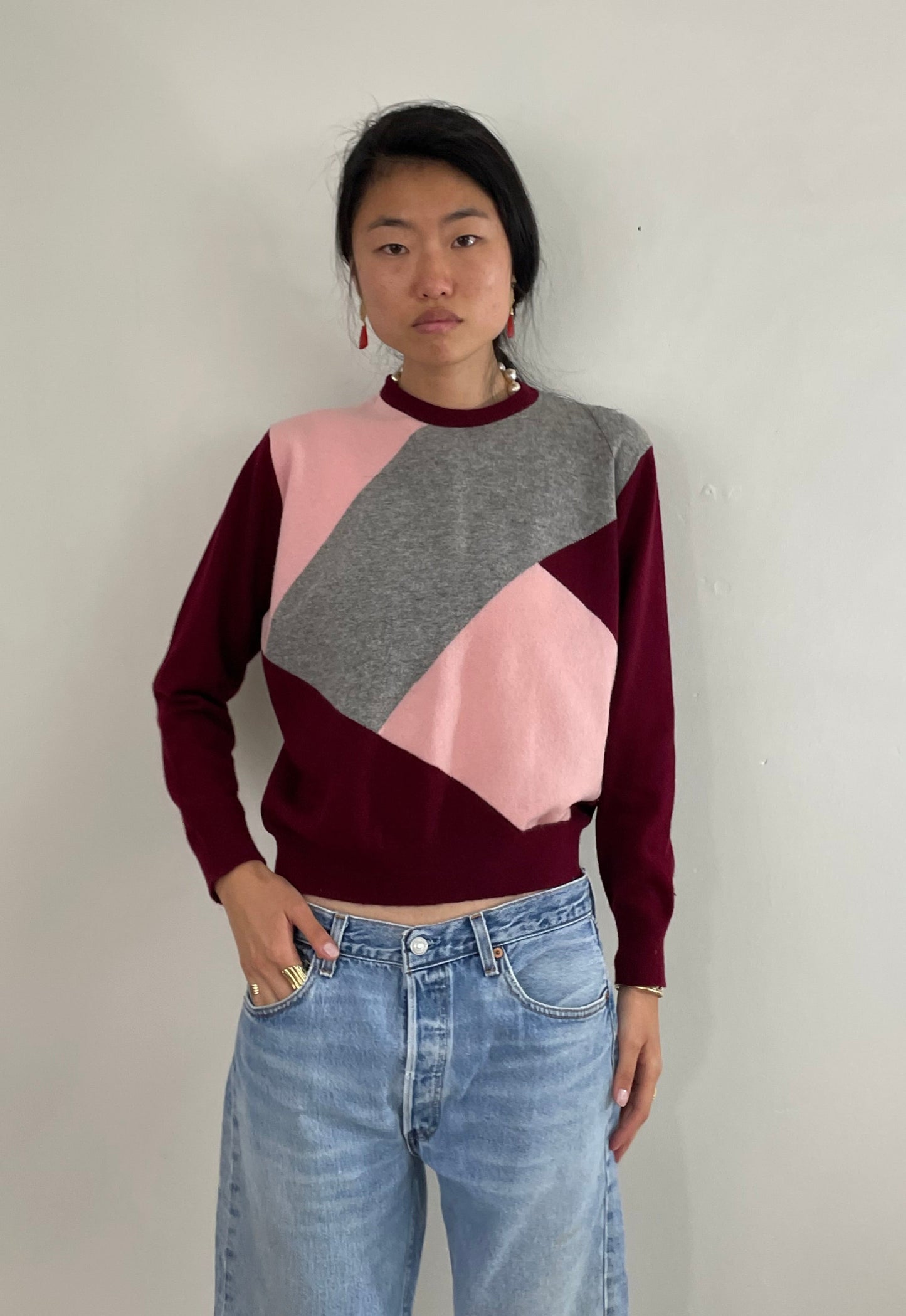 Vintage 100% Cashmere Intarsia Knit Crewneck Pullover Wine Pink Gray ColorBlock Medium