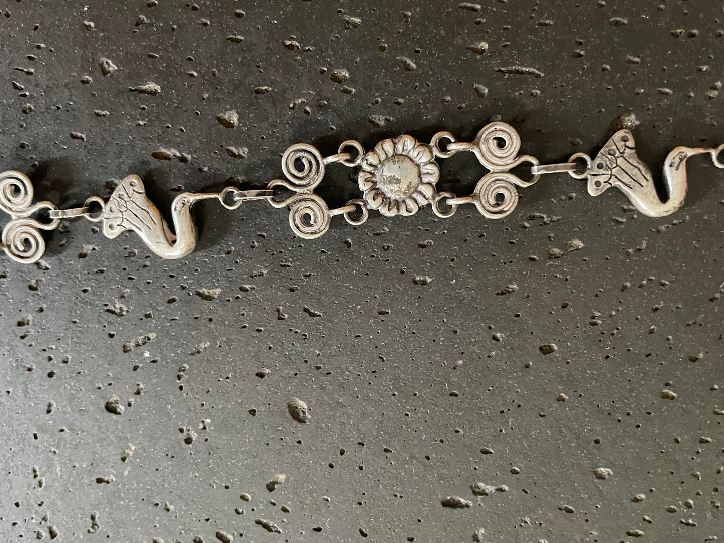 Vintage 90s Taxco Sterling Silver Bird + Flower Link Necklace: Handcrafted Mexico 18 inches