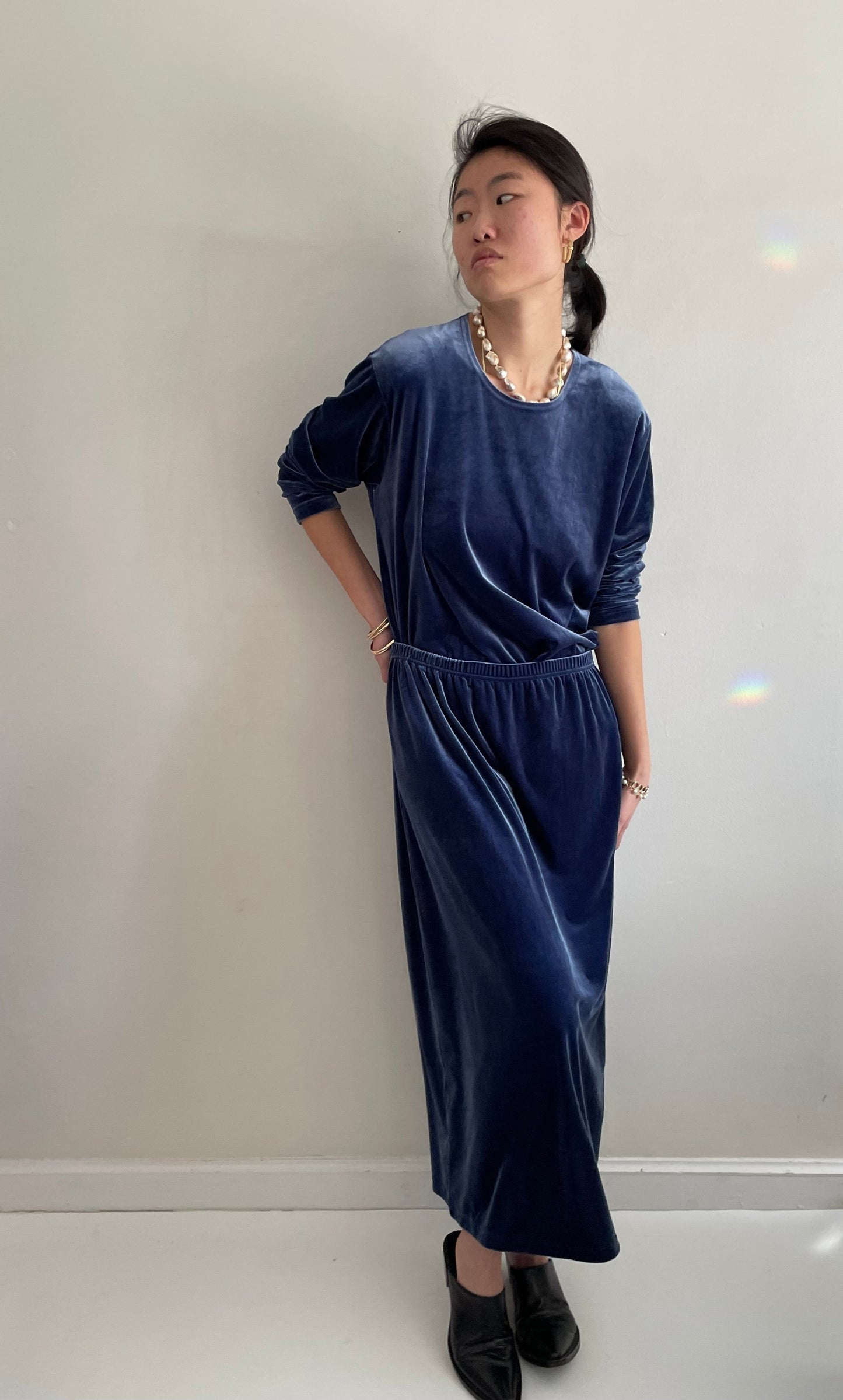 vintage 90s stretch velvet 2 piece indigo blue tunic sweatshirt + skirt matching set XL