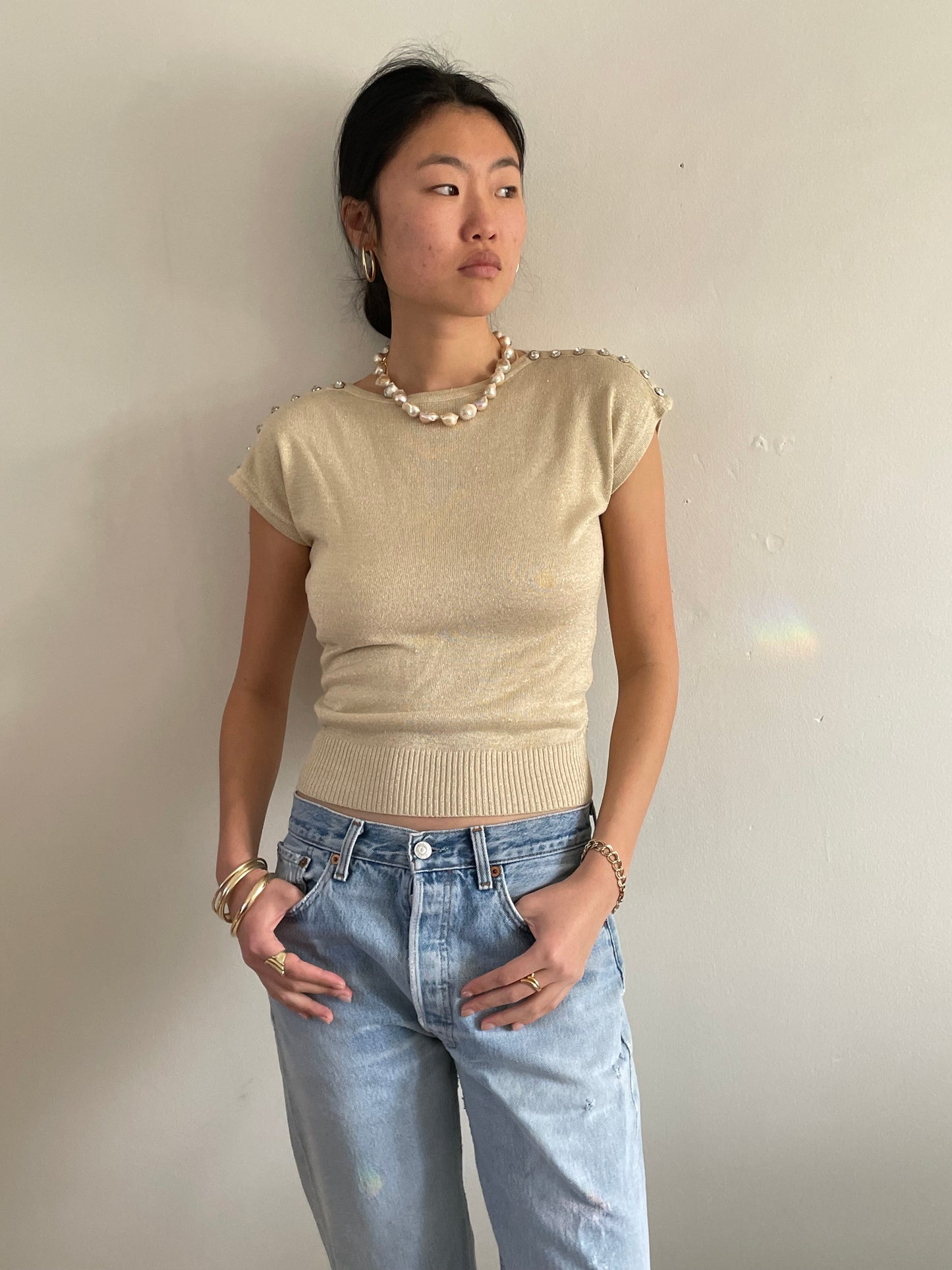 vintage gold knit cropped tee t-shirt shoulder button sweater Medium