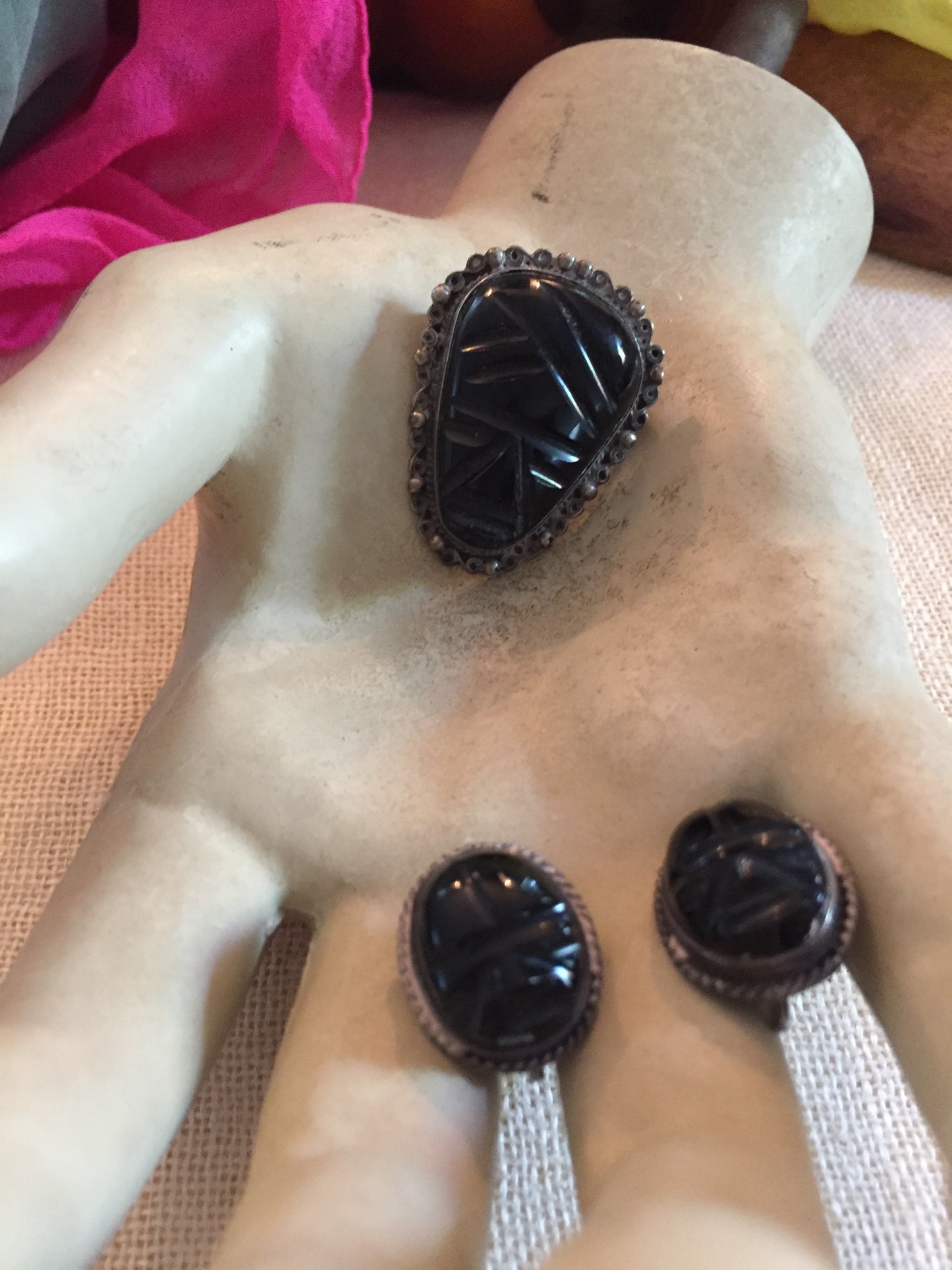 Vintage 50s Carved Onyx Earrings + Pin Brooch Matching Set Taxco Hand Crafted in Mexico Sterling Silver Carved Onyx Set